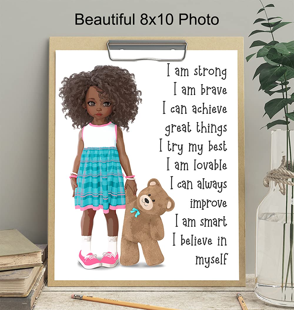 African American Girl Positive Affirmations Wall Art - Inspirational Black Art Decor for Little Girls Bedroom - Motivational Quotes for Toddler Room & Nursery - Perfect for Wall Decor, Gifts & Empowerment