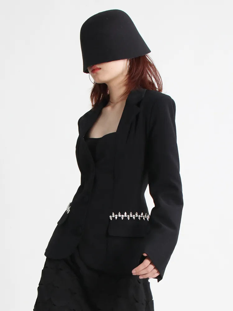 Elegant Backless Diamond Slim Blazer for Women - Notched Collar Long Sleeve Minimalist Jacket | Perfect for Office Wear, Evening Parties & Formal Events