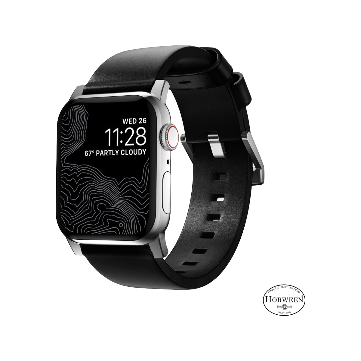 Nomad Modern Band for Apple Watch 40mm/41mm - Silver Hardware with Black Horween Leather | Premium Replacement Strap for Workout, Office & Everyday Wear