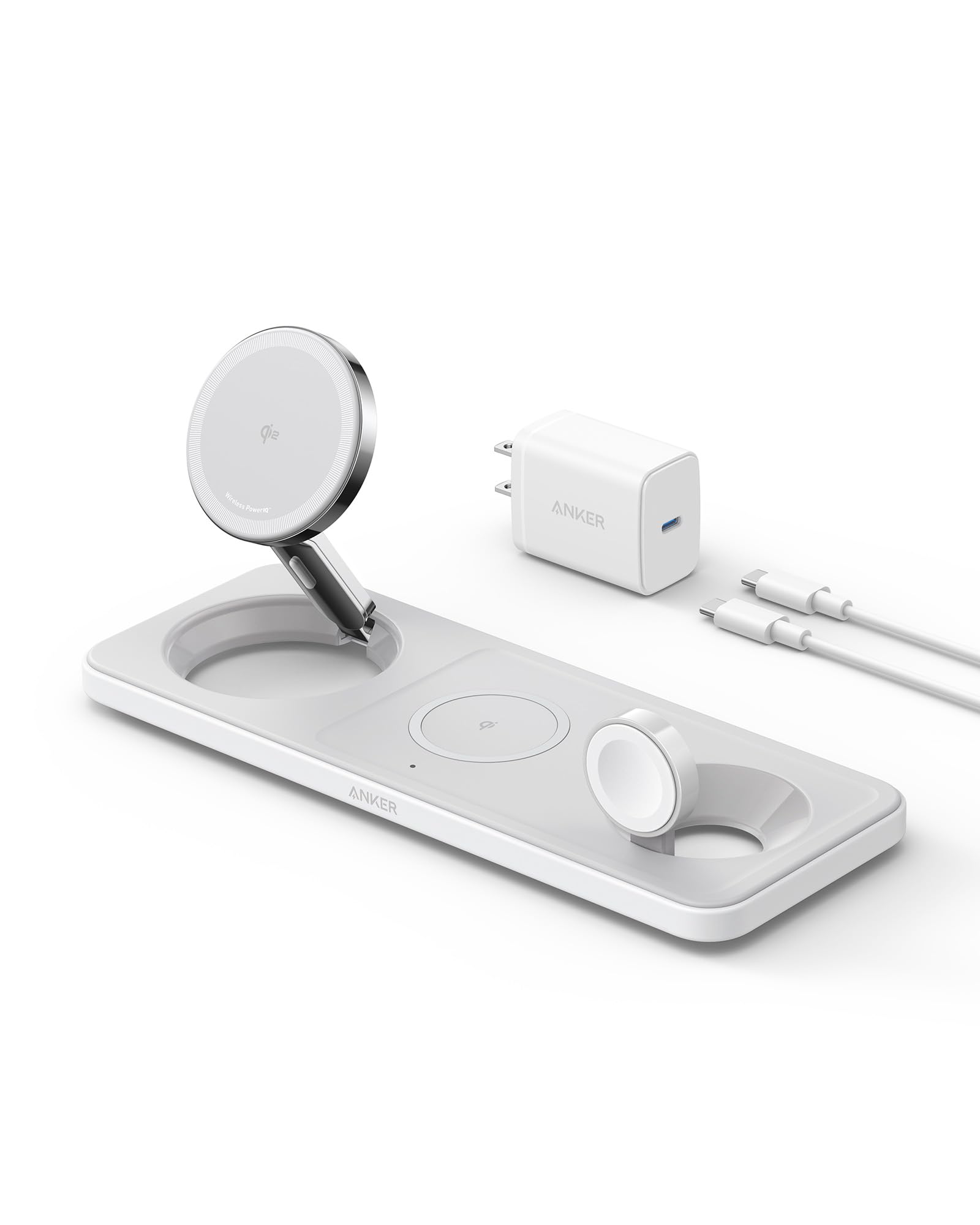 Anker 3-in-1 Foldable Wireless Charging Station for iPhone 16/15/14 Series | Qi2 Certified 15W Fast Charger with MagSafe | Compatible with AirPods & Apple Watch | Includes USB-C Adapter | Perfect for Home, Office & Travel Charging Needs