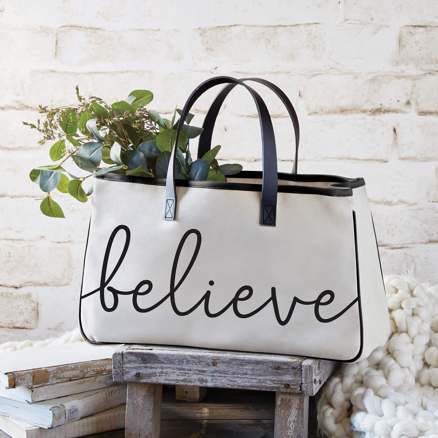 Faithworks Inspirational Large Canvas and Leather Tote Bag - 20 x 11 Inches - Cream & Black - Perfect for Church, Bible Study, Work and Everyday Use