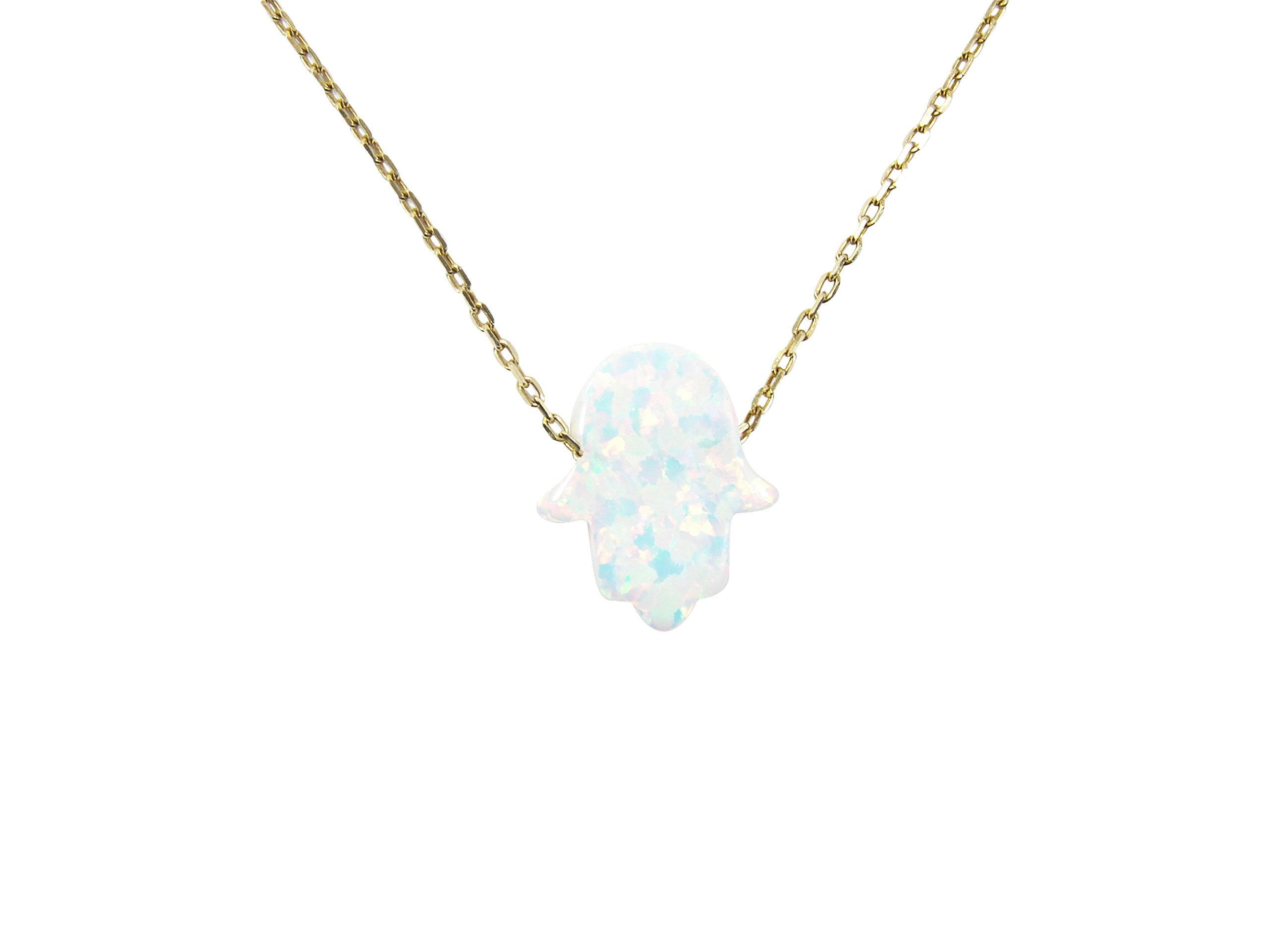 White Hamsa Hand Lab Created Opal Necklace Gold Plated 925 Sterling Silver Pendant - Perfect for Spiritual Protection, Boho Jewelry & Gift Giving