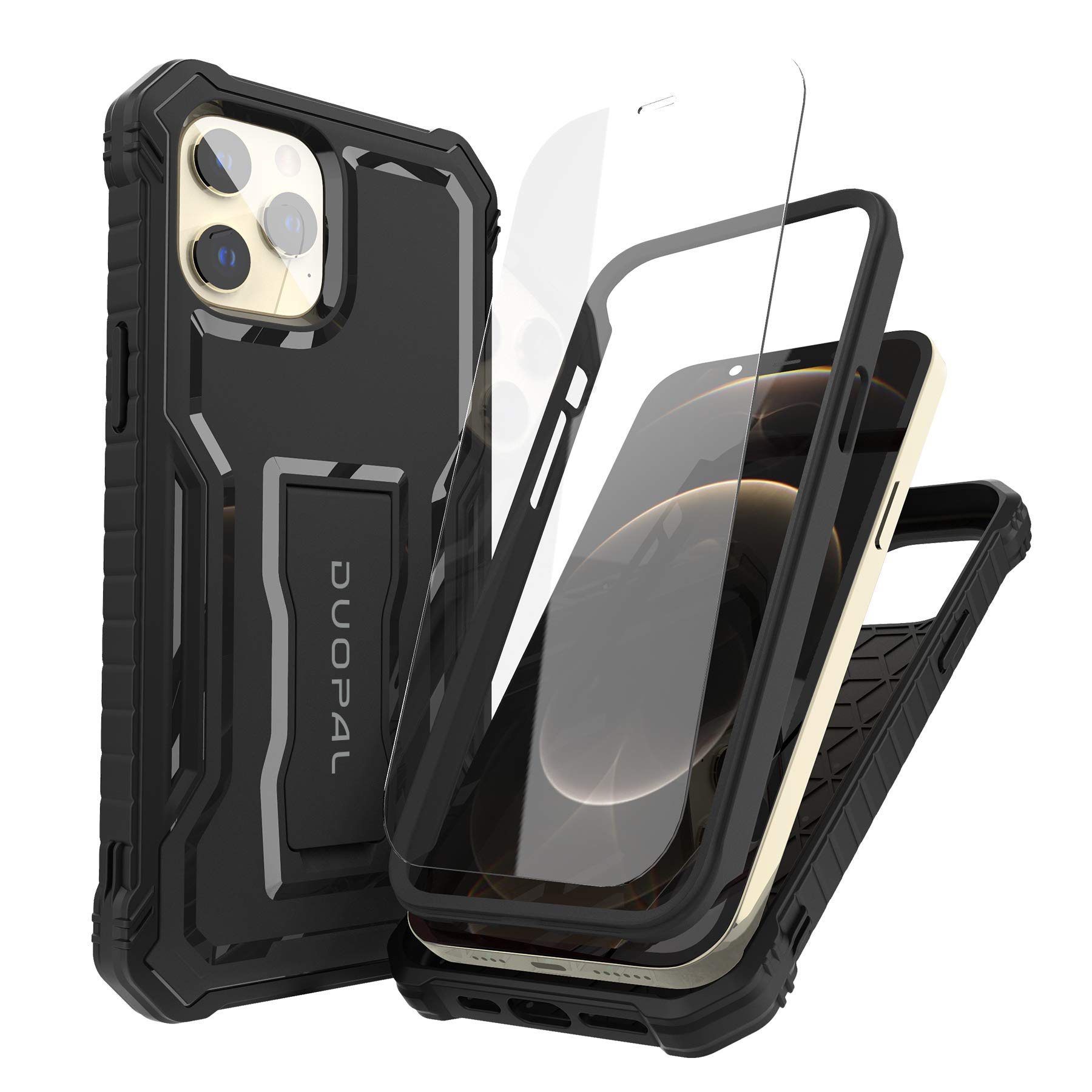 DUOPAL Military Grade Shockproof Case for Apple iPhone 12 Pro Max (6.7 Inch) - Heavy Duty Protective Phone Cover with Tempered Glass Screen Protector & Kickstand (Black) | Perfect for Outdoor Activities, Work & Travel Protection