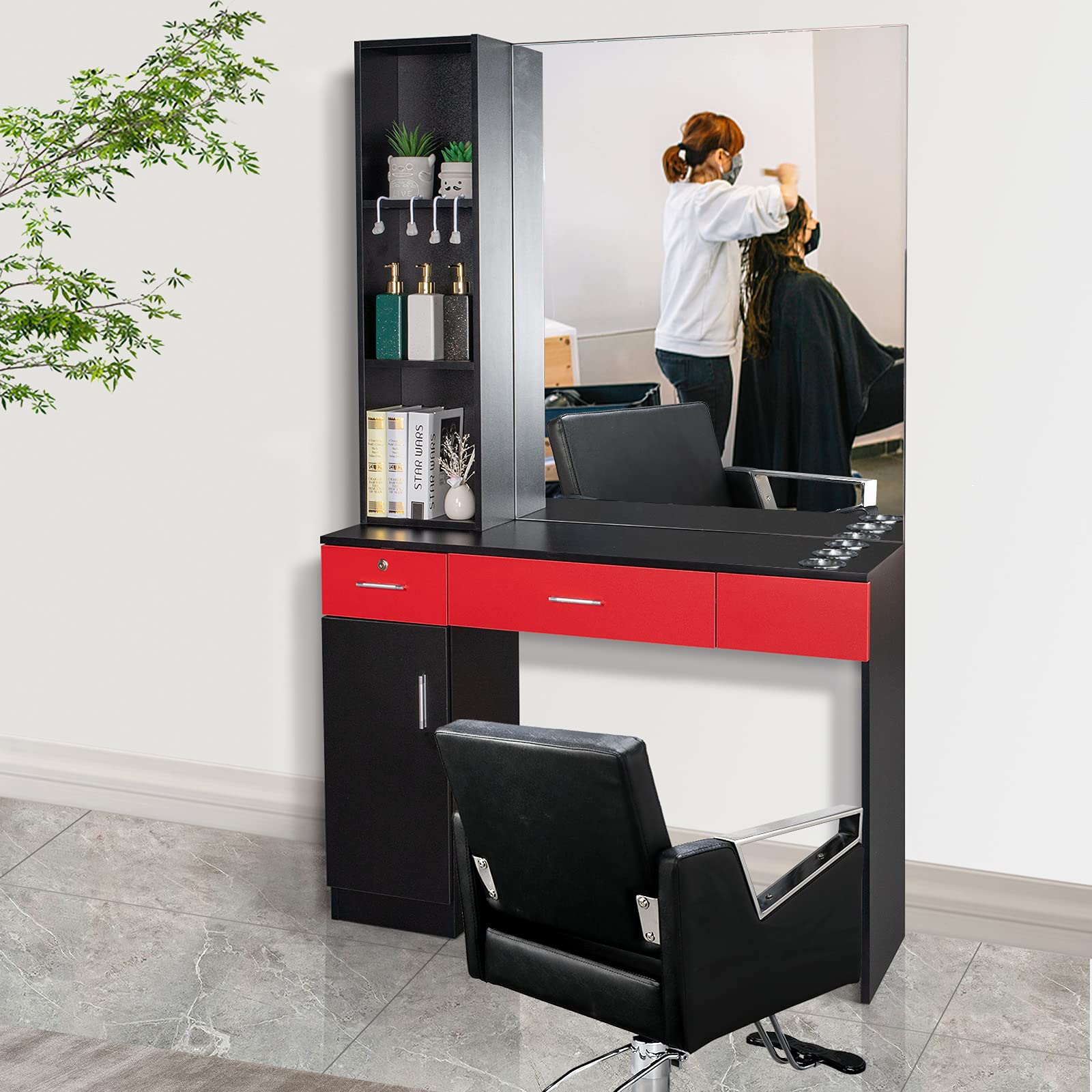 Mefeir Wall Mount Hair Styling Barber Station with Support Leg & Mirror - Professional Hair Salon Equipment & Spa Furniture Set (Red & Black) - Perfect for Barbershops, Salons & Home Styling Stations