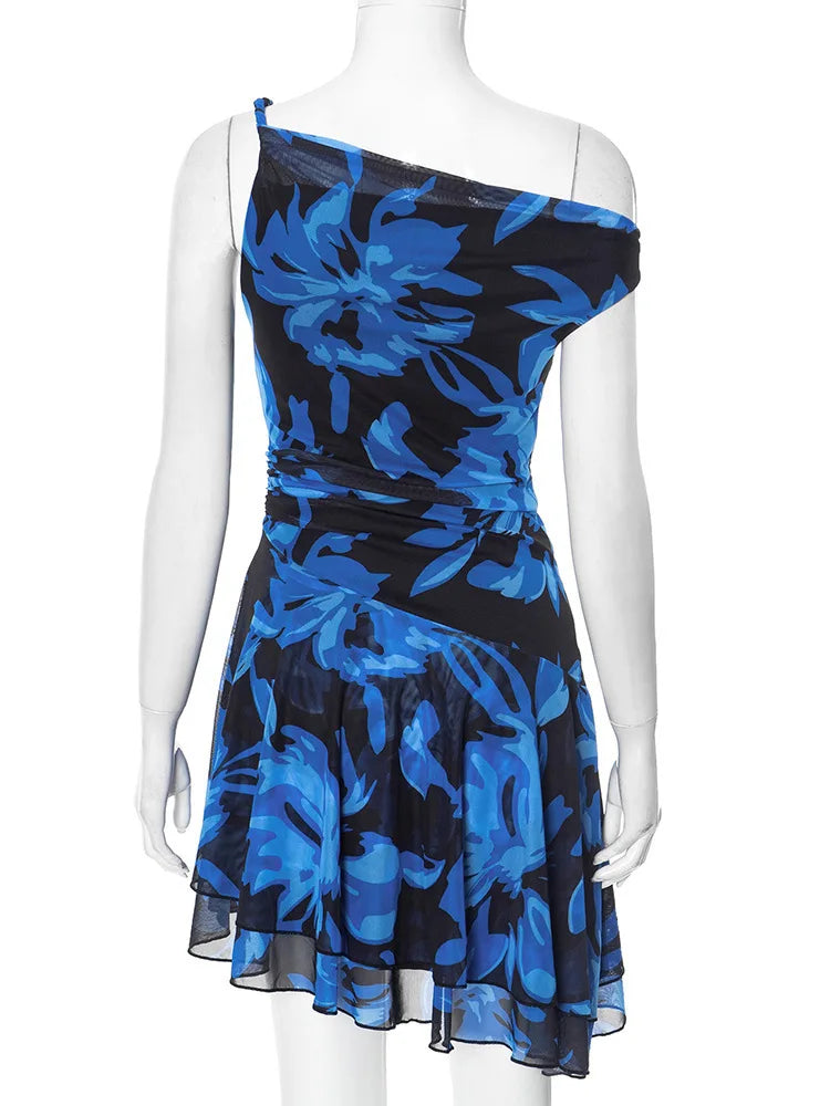 Sexy Blue Print Ruffled Mini Dress for Women - Sleeveless Backless Club Party Dress with Irregular Oblique Shoulder Design | Perfect for Beach Outings, Nightclubs & Summer Parties