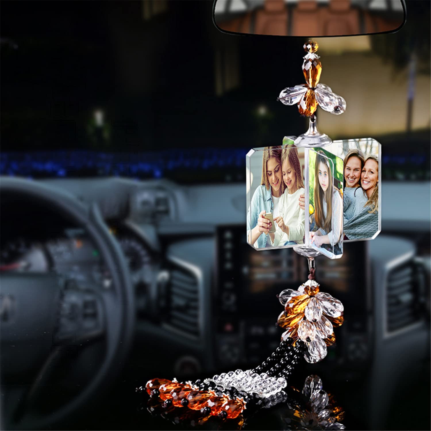 Crystal Windmill Pendant Car Mirror Hanging with 4 Photo Frames - 40-60cm Orange Rearview Mirror Ornament for Car Accessories - Perfect for Personalizing Your Vehicle and Adding a Stylish Touch to Your Daily Commute