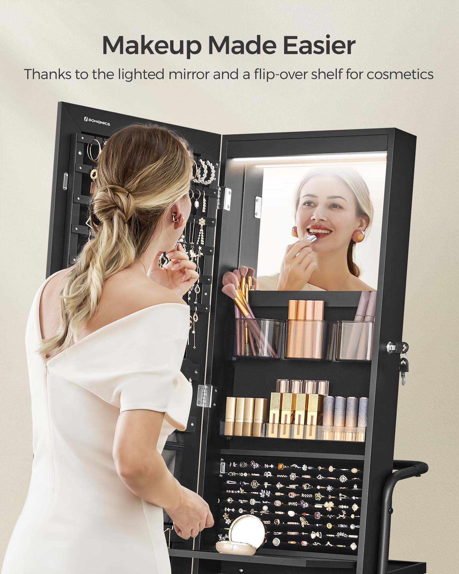 360° Swivel Jewelry Cabinet with LED Lights - Full Length Mirror & Jewelry Storage Organizer, Standing Armoire with Makeup Shelf & Large Storage Basket, Ink Black UJJC018B01 - Perfect for Bedroom, Dressing Room & Closet Organization