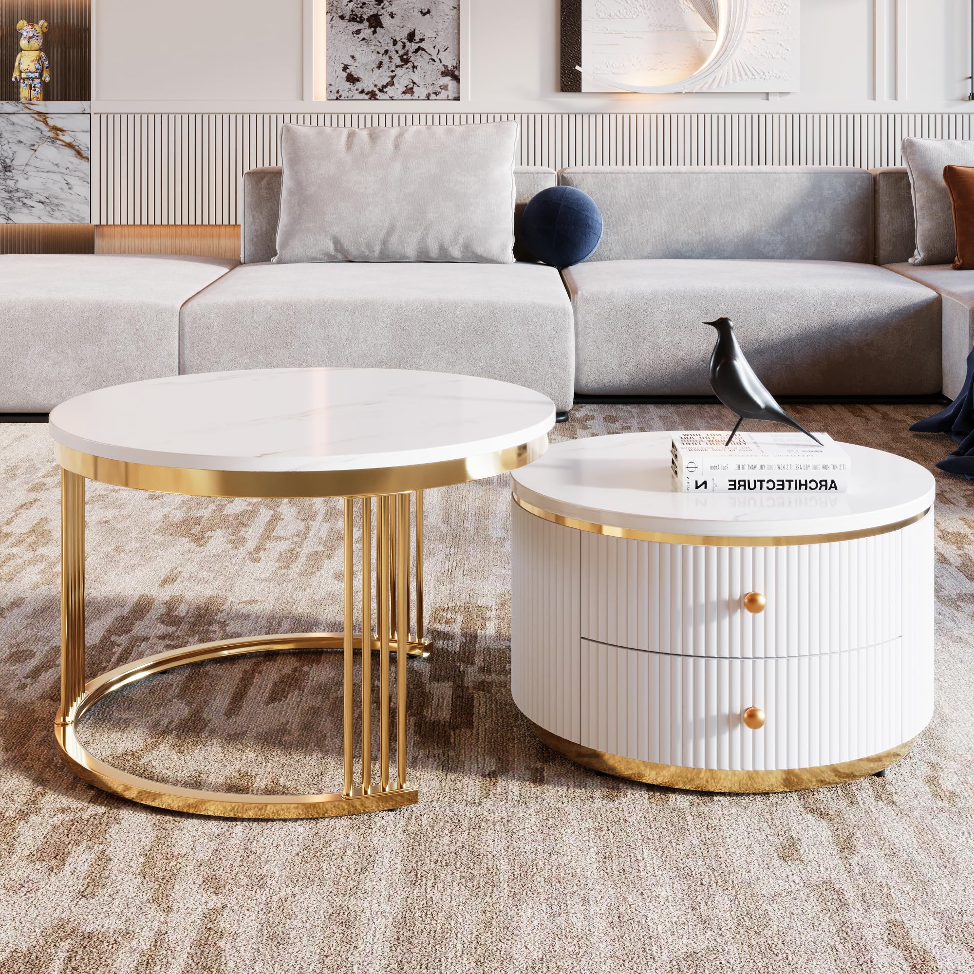 Modern Round Nesting Coffee Table Set of 2 with Storage Drawers - Gold & White Accent Living Room Furniture for Small Spaces, Apartments | Perfect for Coffee Serving, Magazine Storage & Home Decor