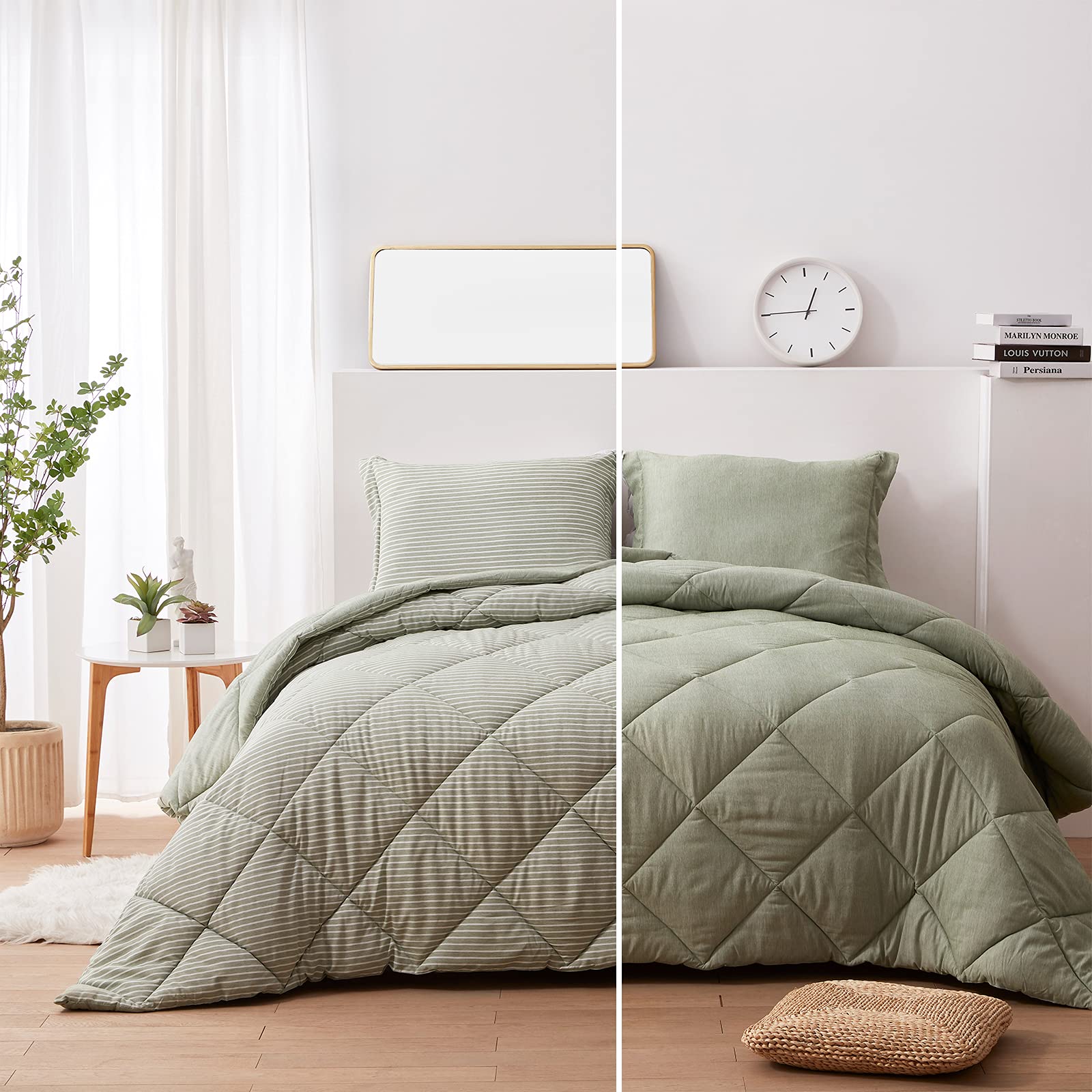 NexHome Reversible Queen Comforter Set - Green Striped Cationic Dye All Season Bedding with 2 Pillow Shams (88x88 inches) | Perfect for Master Bedroom, Guest Room & Cozy Home Decor