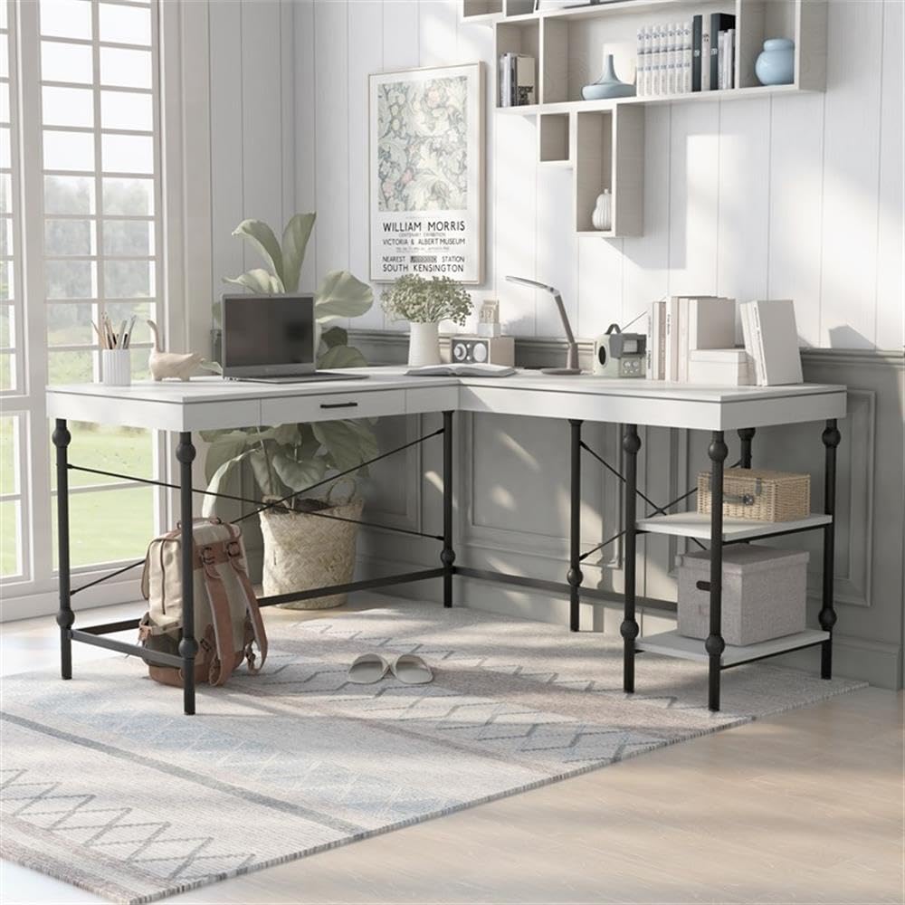 Antique White L-Shaped Wooden Desk by Furniture of America - Home Office Desk with Storage Shelf, Perfect for Small Spaces & Workstations