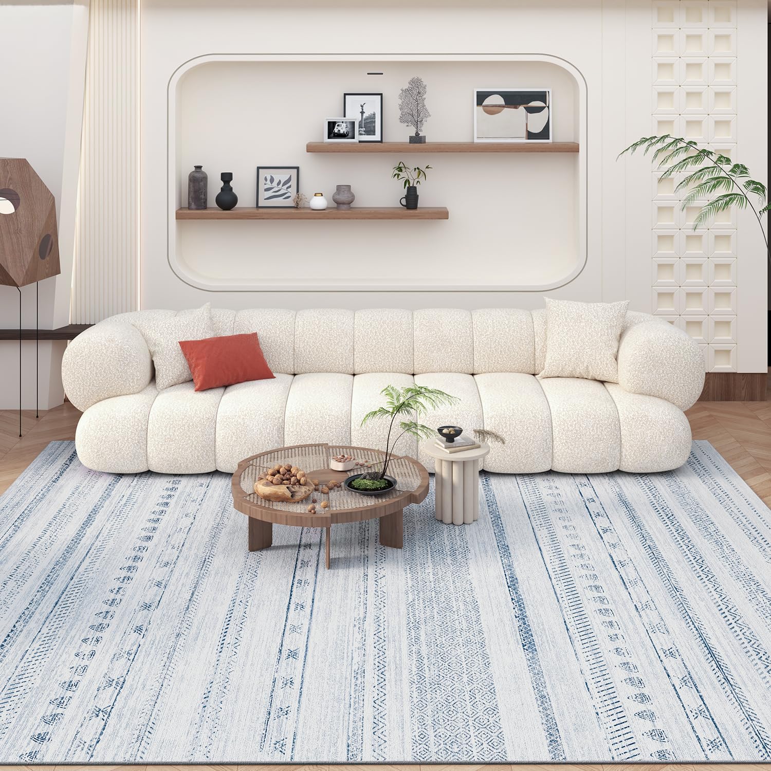 Boho Area Rug 5x7 - Distressed Moroccan Style Machine Washable Carpet - Neutral Blue Modern Rug for Living Room, Bedroom & Dining Room - Perfect for Bohemian Decor, Cozy Home & Apartment Style