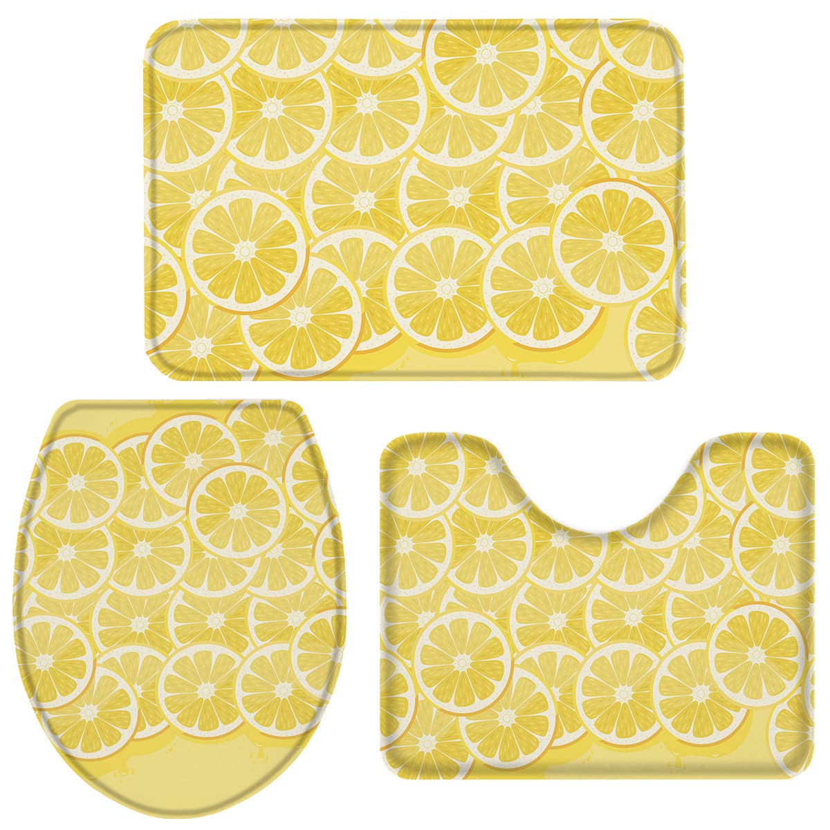 3-Piece Bathroom Rug Set - Non-Slip Lemon Slice Design with U-Shaped Toilet Mat & Lid Cover | Absorbent, Washable Bath Mats for Home Decor | Perfect for Bathroom Safety and Style