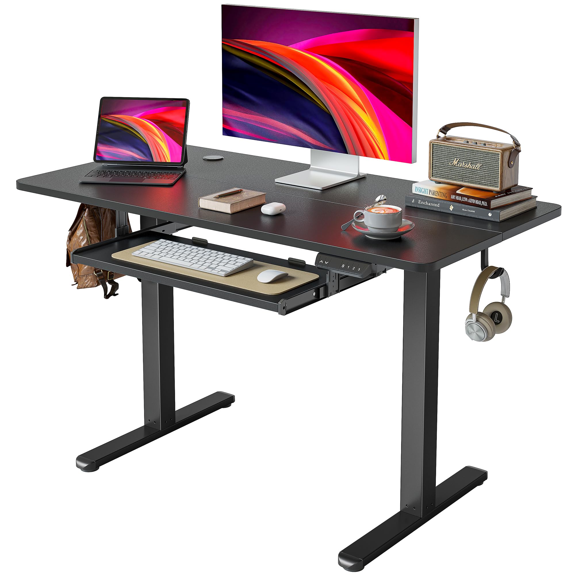 Cubiker 48 x 24 Inches Electric Height Adjustable Standing Desk with Keyboard Tray - Ergonomic Home Office Workstation (Black Frame/Black Top) - Perfect for Remote Work, Gaming & Study Setup