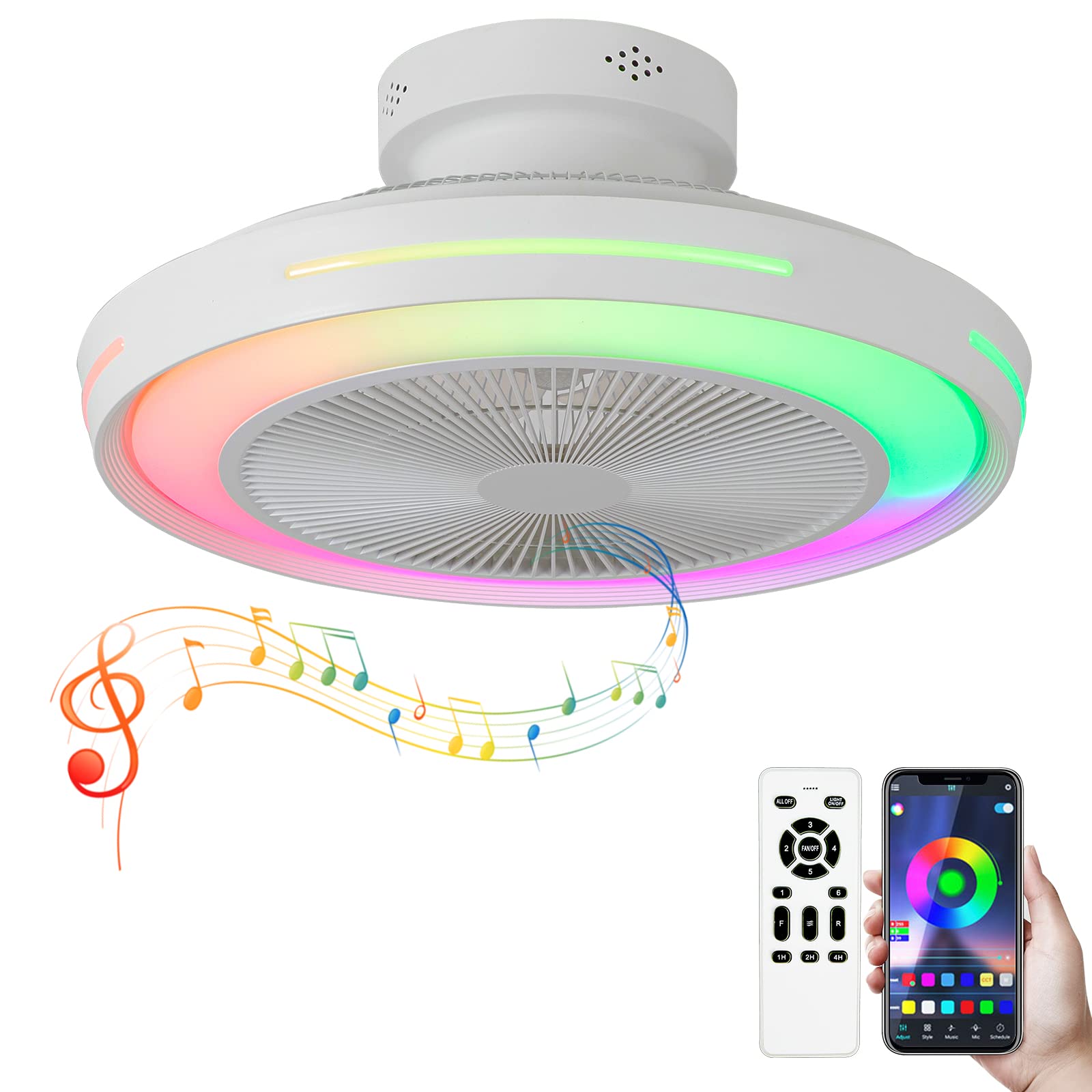 GESUM 20 Inch Low Profile RGB Ceiling Fan with Light & Remote Control - Bladeless Flush Mount Design, Music Rhythm Sync, Color LED Dimming - Perfect for Living Room, Bedroom, and Party Decor