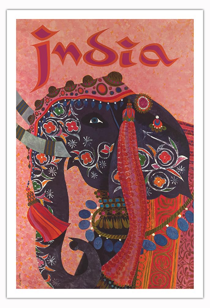 Vintage India Travel Poster - Adorned Elephant by David Klein 1960 - Unframed Fine Art Print 30x44 Inch - Perfect for Home Decor, Office Wall Art & Retro Travel Theme Gifts