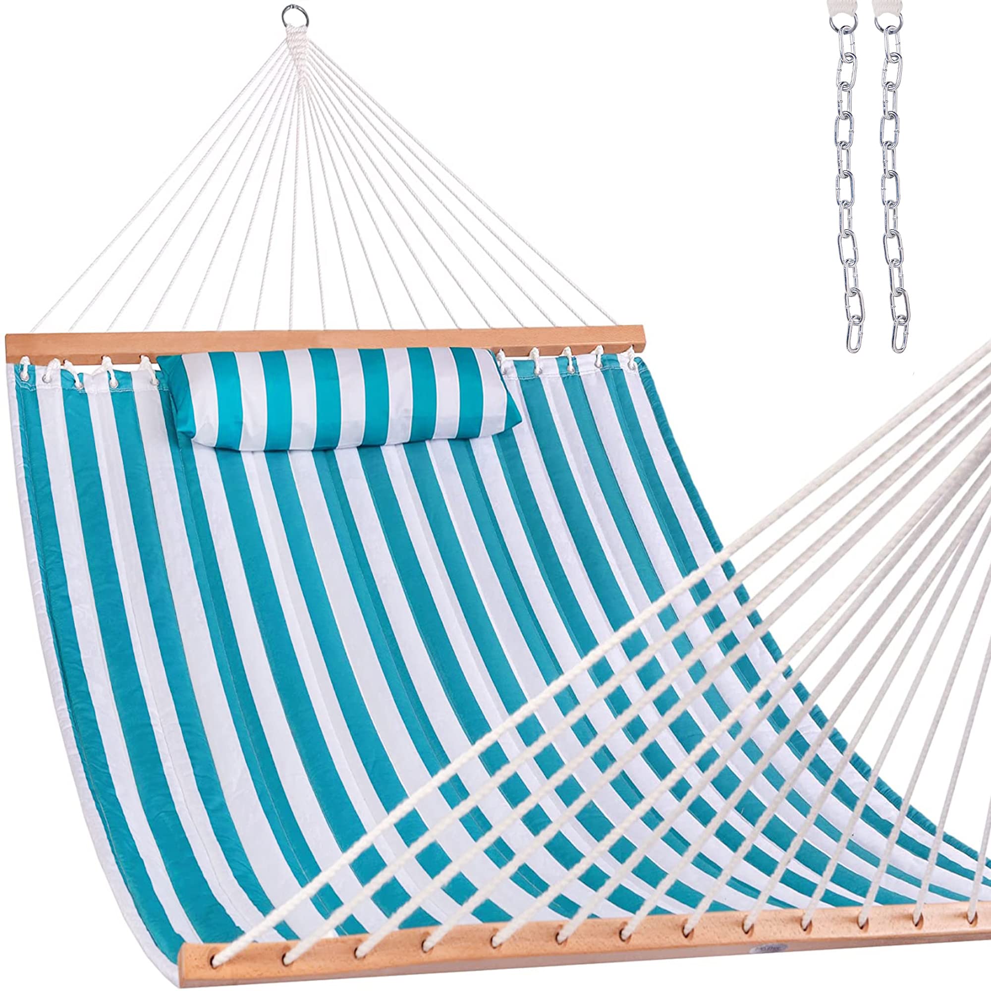 12 FT Double Hammock with Spreader Bars & Detachable Pillow - 450 LBS Capacity Quilted Fabric for 2 Person - Outdoor, Patio, Backyard, Poolside Relaxation - Sailor Stripe Design - Perfect for Camping, Beach, Garden & Backyard Lounging