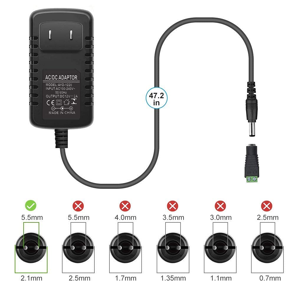 12V 2A LED Power Supply Adapter 24W AC/DC Converter (100-240V Input) - 2 Pack with 5.5x2.1mm DC Connector for LED Strip Lights, CCTV Cameras, Digital Signage & Home Lighting Projects