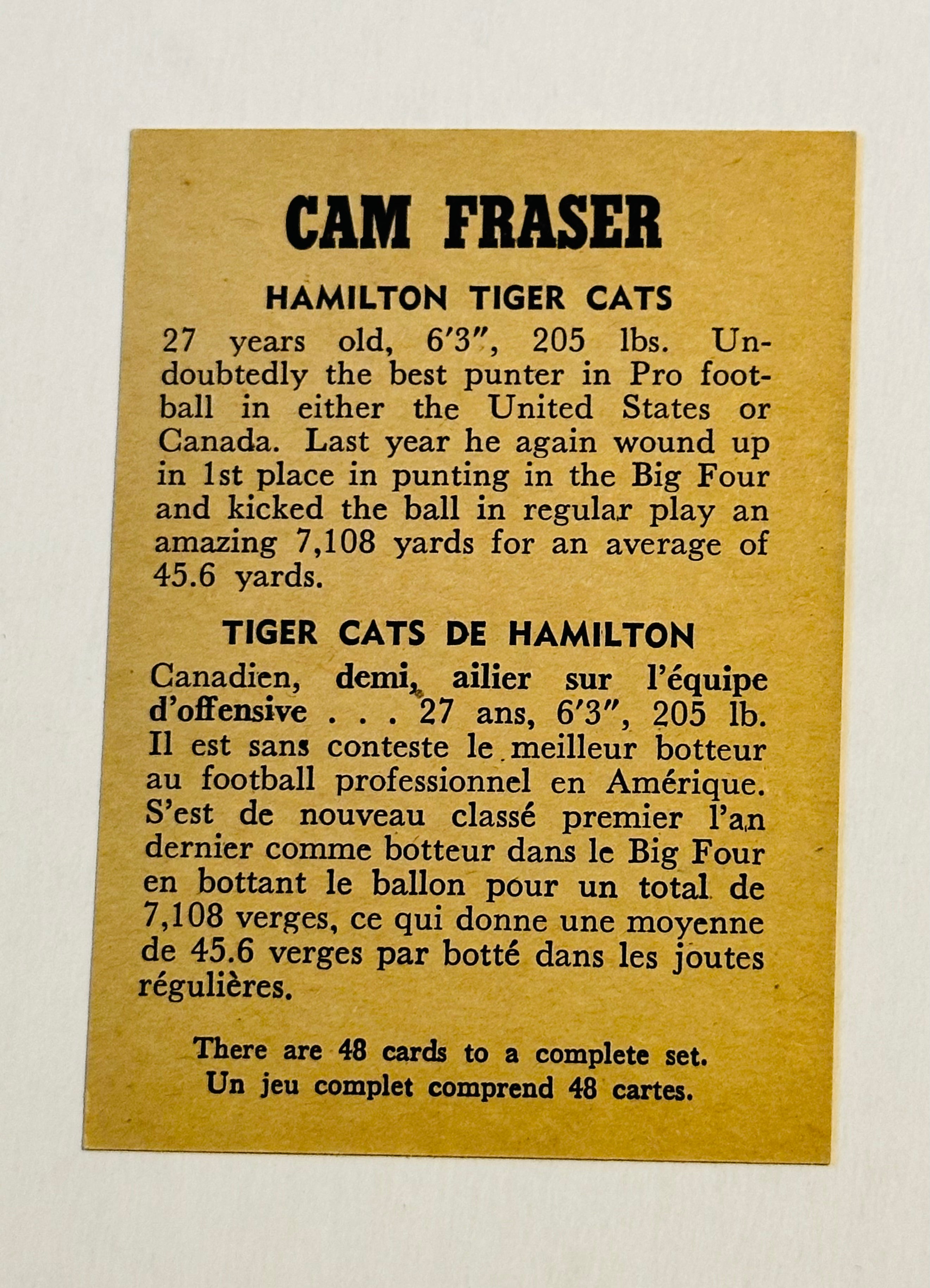 1959 Wheaties CFL Rare Cam Fraser Football Card - Mint Condition - Vintage Sports Collectible for Display & Investment