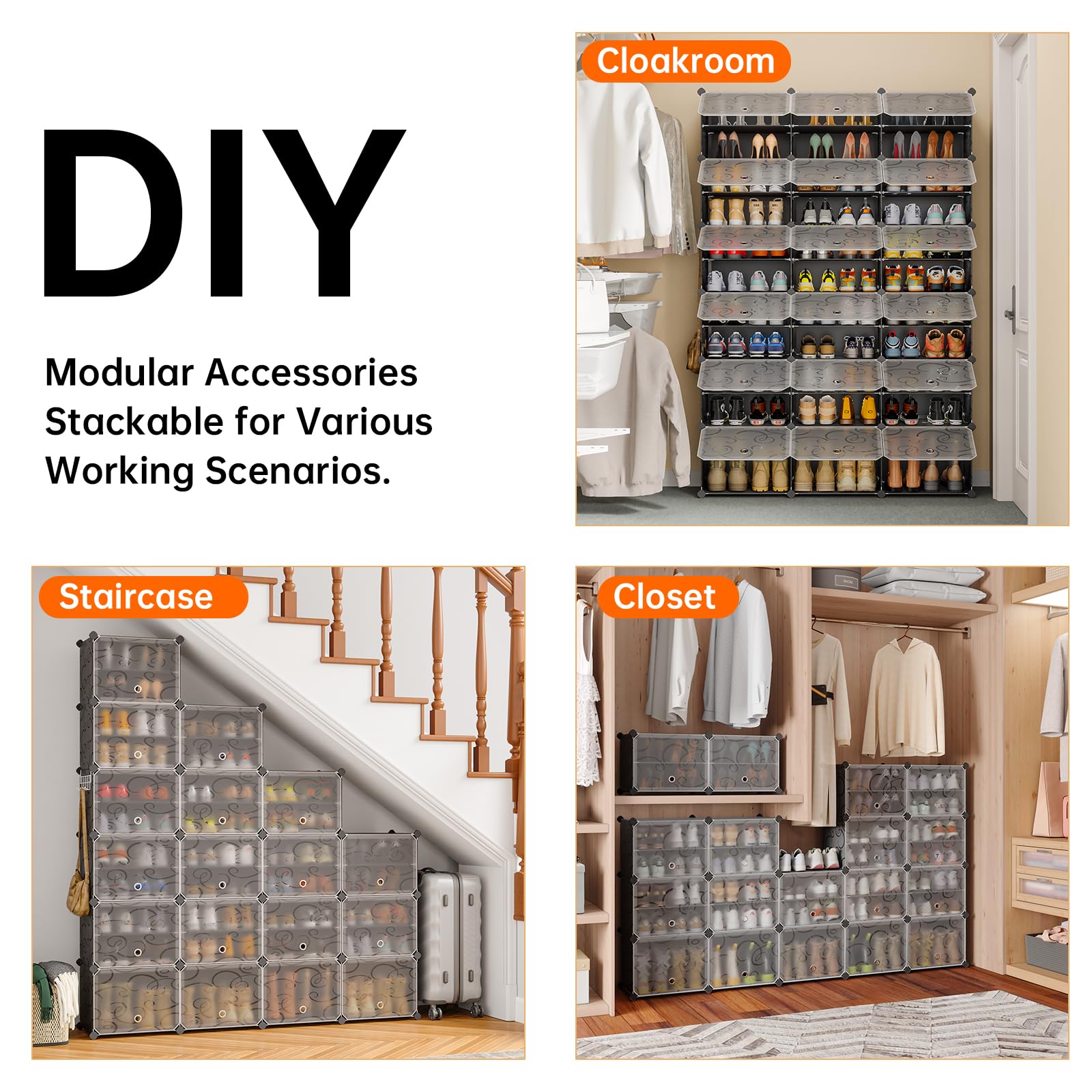 MAGINELS 72-Pairs Shoe Storage Cabinet with Doors - Large DIY Plastic Detachable Shoe Rack Organizer for Entryway, Bedroom, Closet (Black) | Space-Saving Shoe Storage Solution for Home Organization