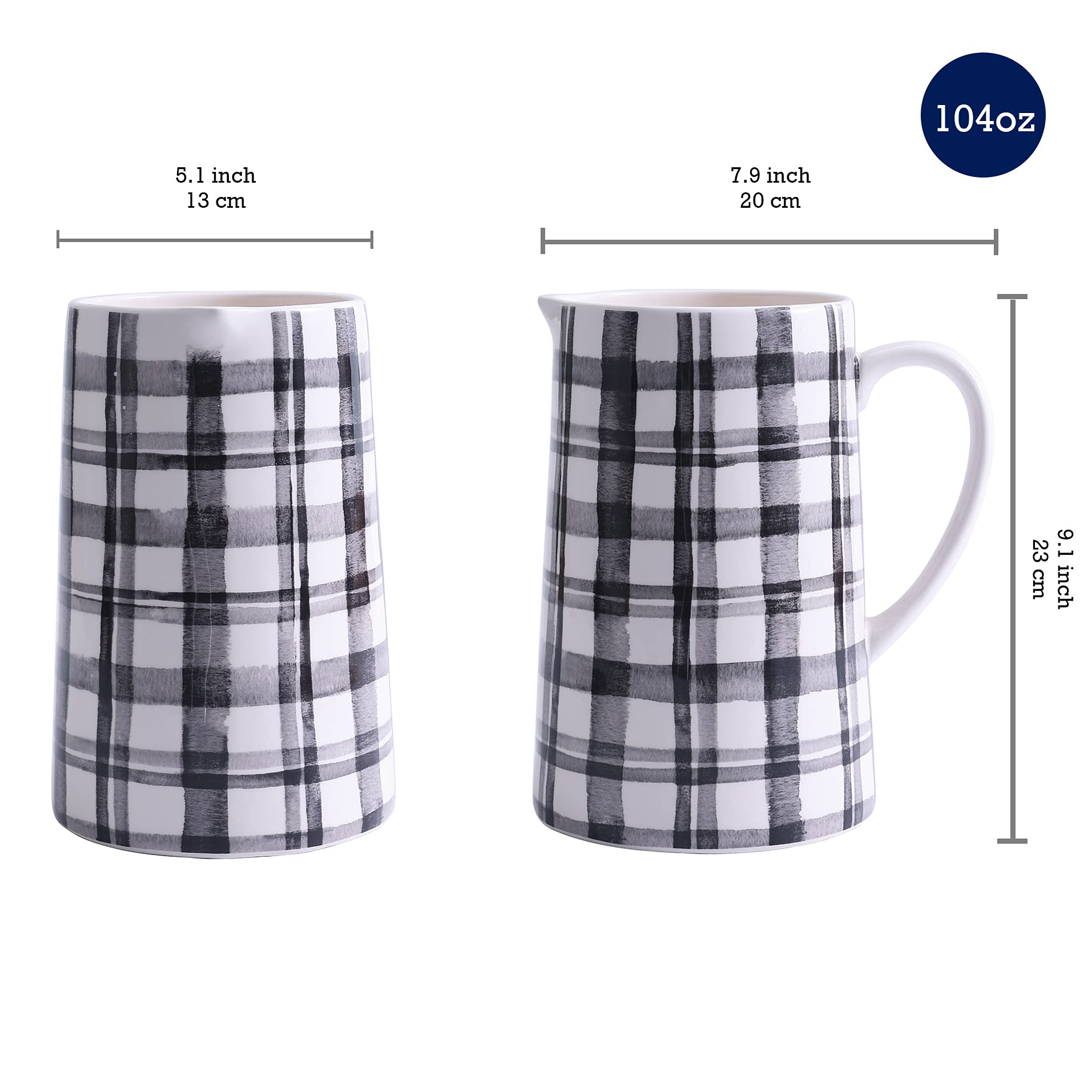 Bico Black and White Plaid 3.2 Quart Ceramic Pitcher with Handle - Decorative Flower Vase for Home & Kitchen, Dishwasher Safe - Perfect for Iced Tea, Lemonade, and Floral Centerpieces