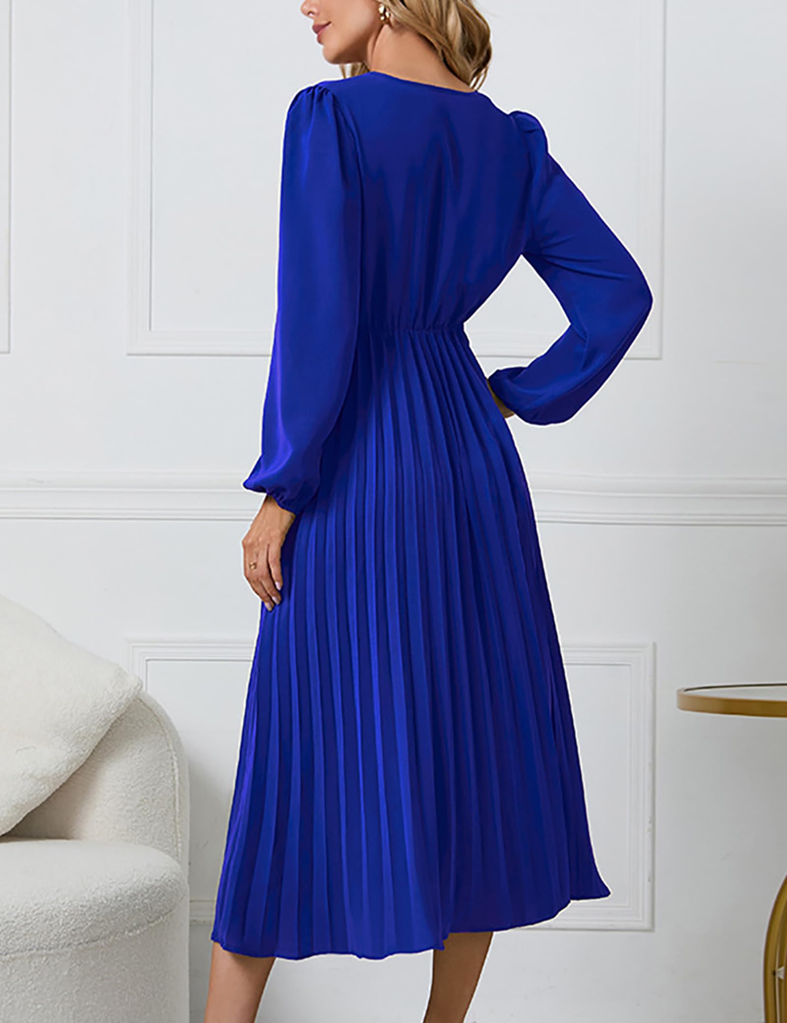 SDEER Women's Casual Midi Dress - V Neck Long Sleeve Pleated High Waist Flowy Dress for Wedding Guest, Party, Office & Everyday Wear