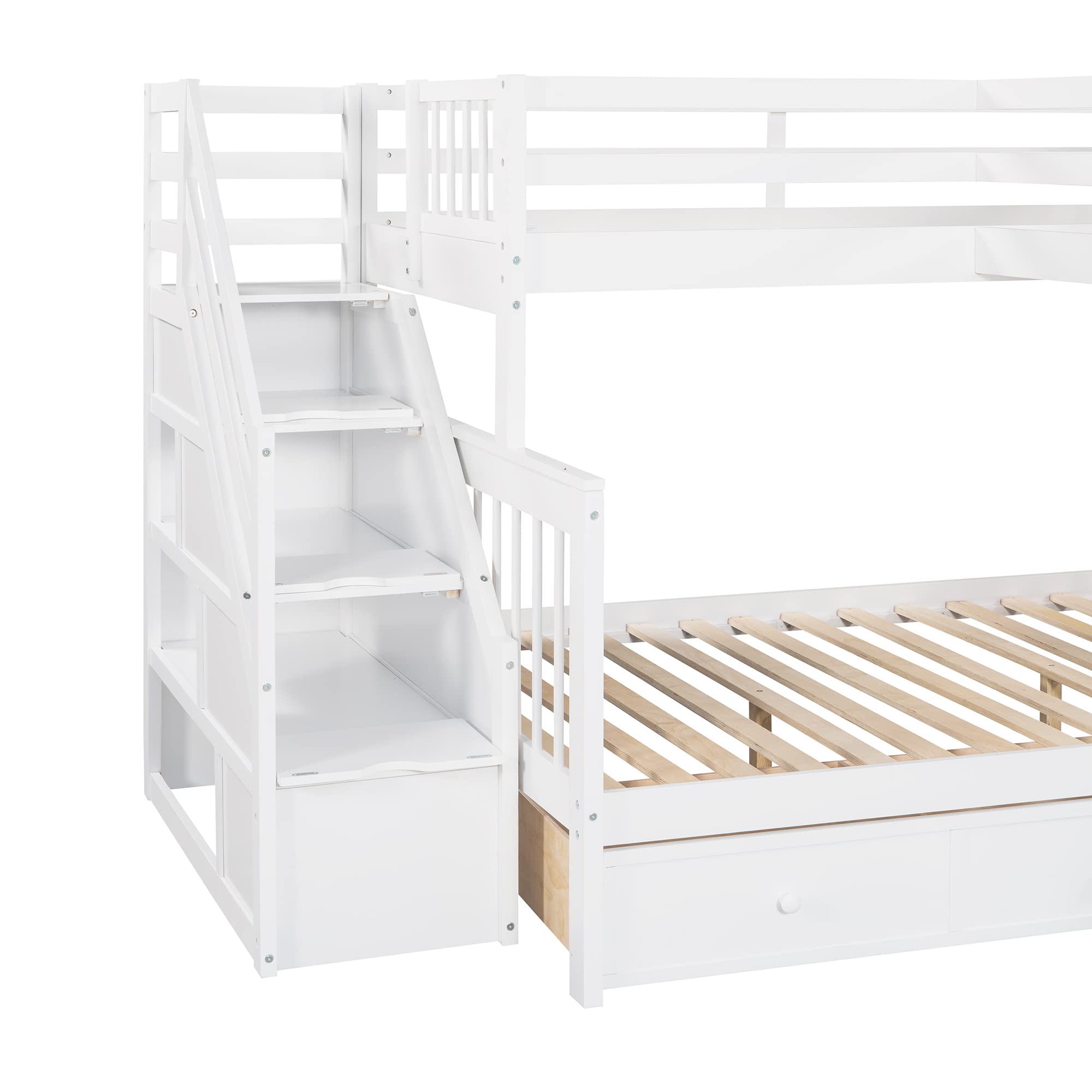 **Twin Over Full L-Shaped Triple Bunk Bed for Kids & Teens - Wooden Corner Bunk Bed with Stairs & Ladder, 3 Storage Drawers, White - Space-Saving Loft Bed for Small Rooms, Shared Kids' Bedrooms & Vacation Homes**