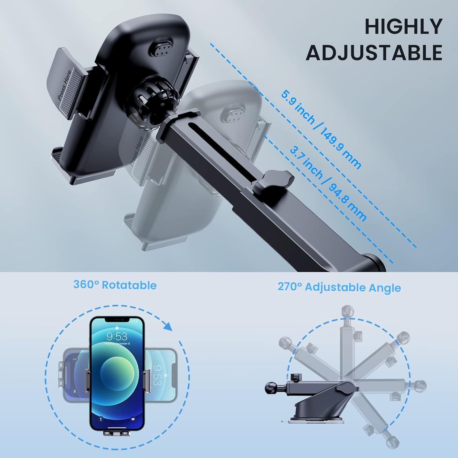 TICILFO Universal Car Phone Holder with Military-Grade Suction Cup - 360° Adjustable Dashboard Mount for iPhone & Smartphones - Perfect for GPS Navigation, Hands-Free Calling & Road Trips