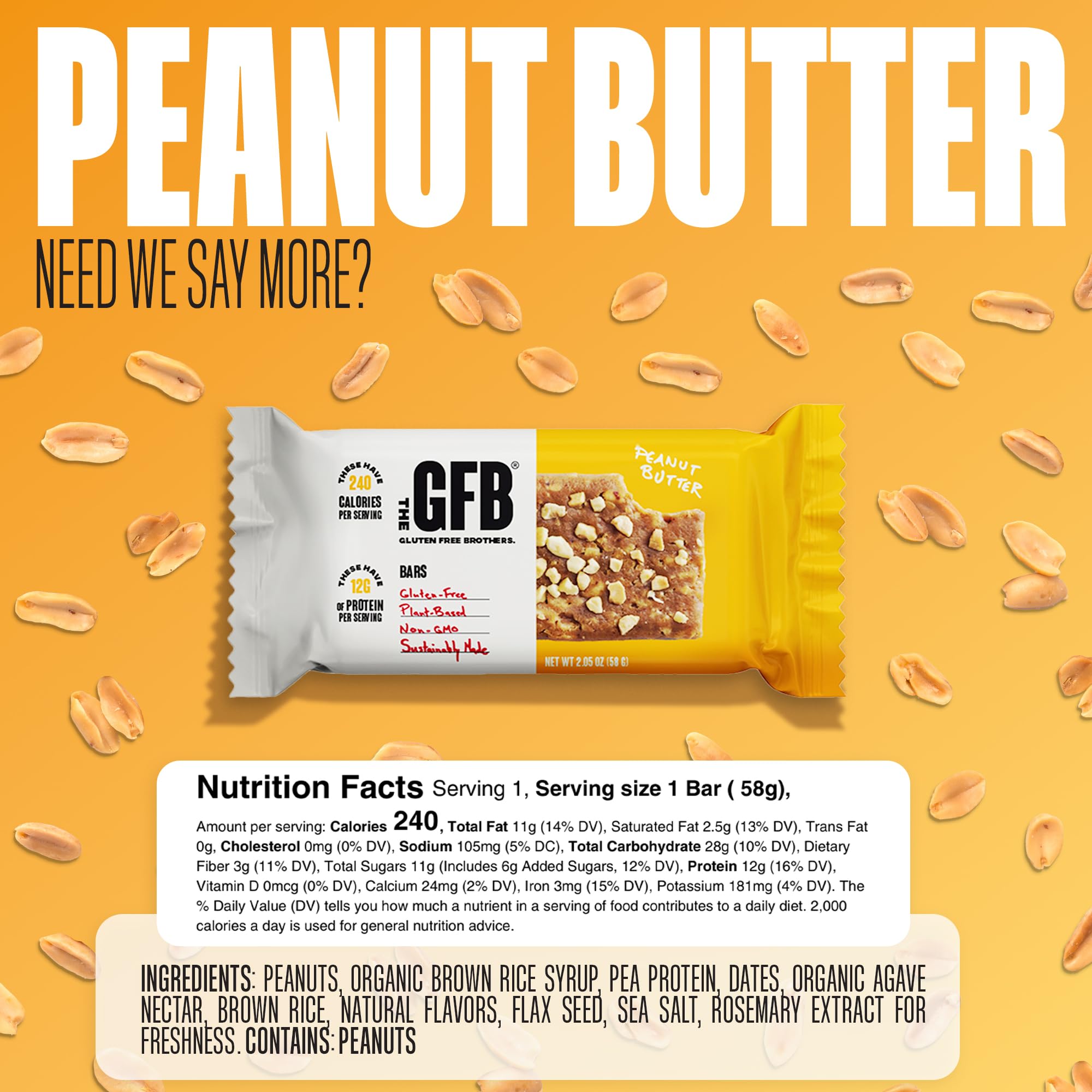 GFB Peanut Butter Protein Bars - Gluten Free, Vegan, Non-GMO, Plant-Based Protein Snack Bars, 2.05oz (12 Pack) | Healthy Nutrition for Workouts, Hiking & On-the-Go Energy Boost