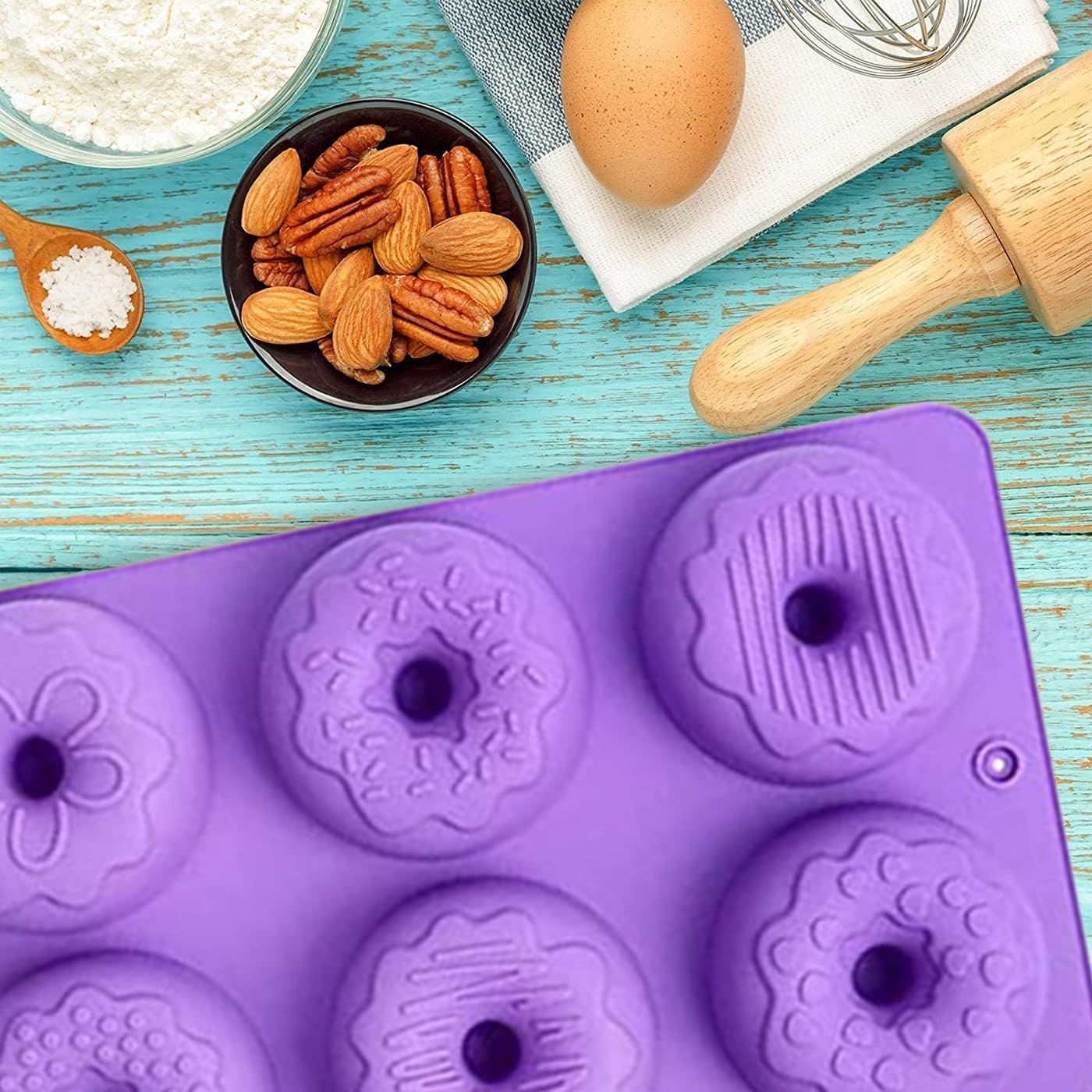 Non-Stick Silicone Donut Mold Set of 2 - Heat Resistant & Microwave Safe Baking Pan for Donuts, Cakes, Biscuits & Bagels - Dishwasher Safe Purple Silicone Doughnut Maker - Perfect for Home Baking, Party Treats & Kids Cooking Activities