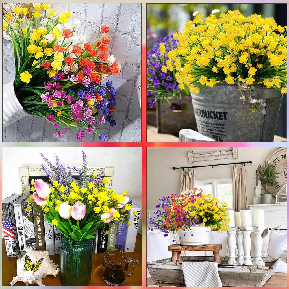 20 Pack UV Resistant Artificial Flowers - Outdoor Fake Plants for Garden, Porch & Window Box Decor - Blue Faux Plastic Flowers for Home & Wedding Decoration