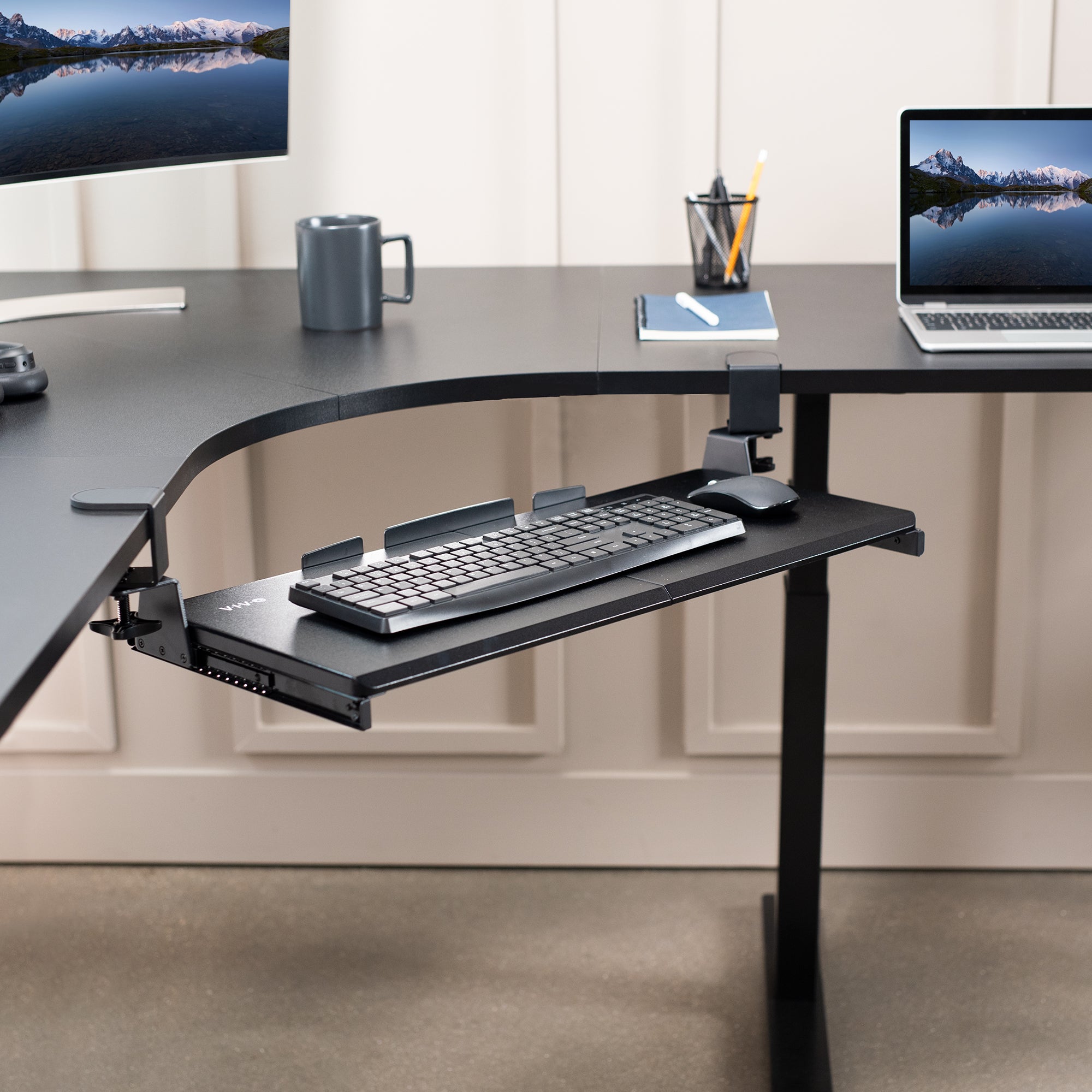 Ergonomic Clamp-On Keyboard Tray for Corner Desks - Adjustable Under Desk Keyboard Drawer for Home & Office Workspace - Perfect for Computer Workstations, Gaming Setups, and Small Office Spaces