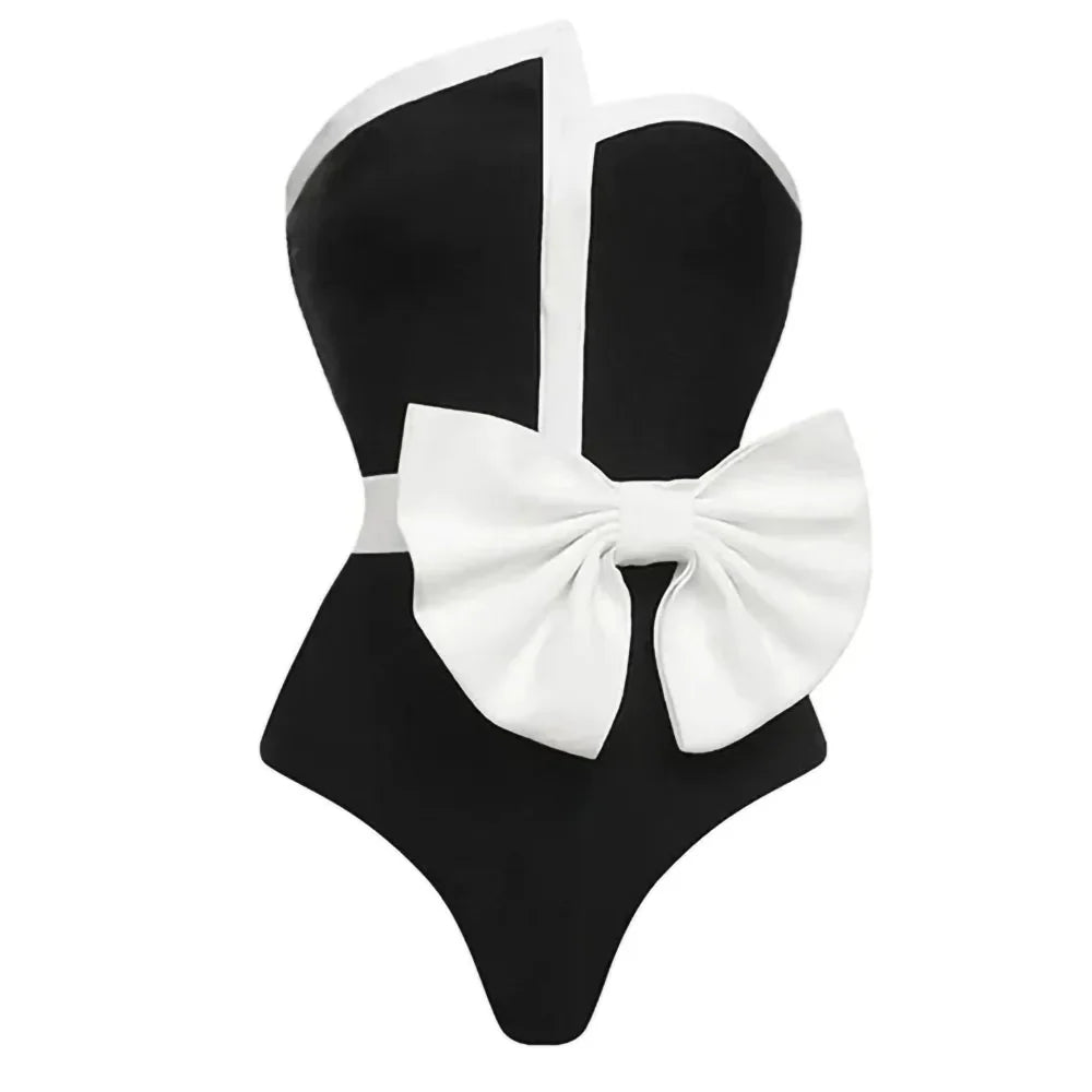 Women's Black & White Vintage Swimsuit - Elegant Tube Top Bikini with Bow Belt & Asymmetrical Skirt for Beach, Pool & Summer Vacations