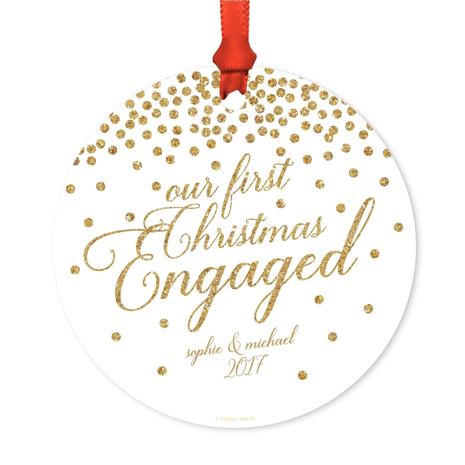Personalized Bridal Shower & Bachelorette Christmas Ornament - First Christmas Engaged Custom Metal Keepsake for Sophia & Michael 2025 - Gold Glitter Polka Dot Design - Includes Gift Bag & Ribbon - Perfect for Wedding Showers, Holiday Decorations and Newly Engaged Couples Gifts