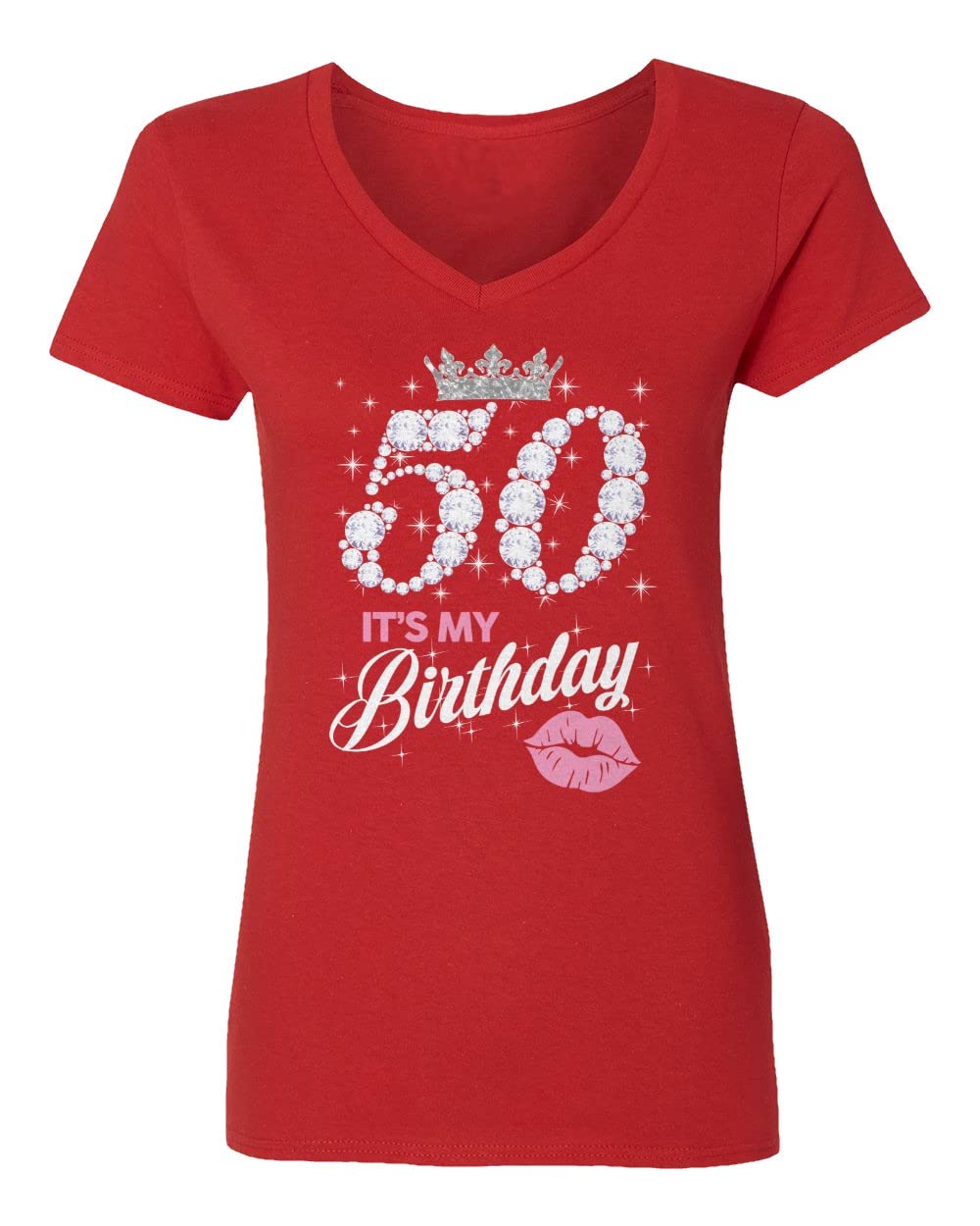 50th Birthday Kiss Queen V-Neck T-Shirt for Women - Red Cotton Tee (Large) - Perfect for Birthday Parties & Celebrations