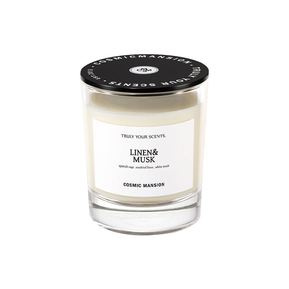 COSMIC MANSION Linen & Musk Scented Soy Candle - 180g & 250g Home Decor Aromatherapy for Relaxation & Bedroom Ambiance