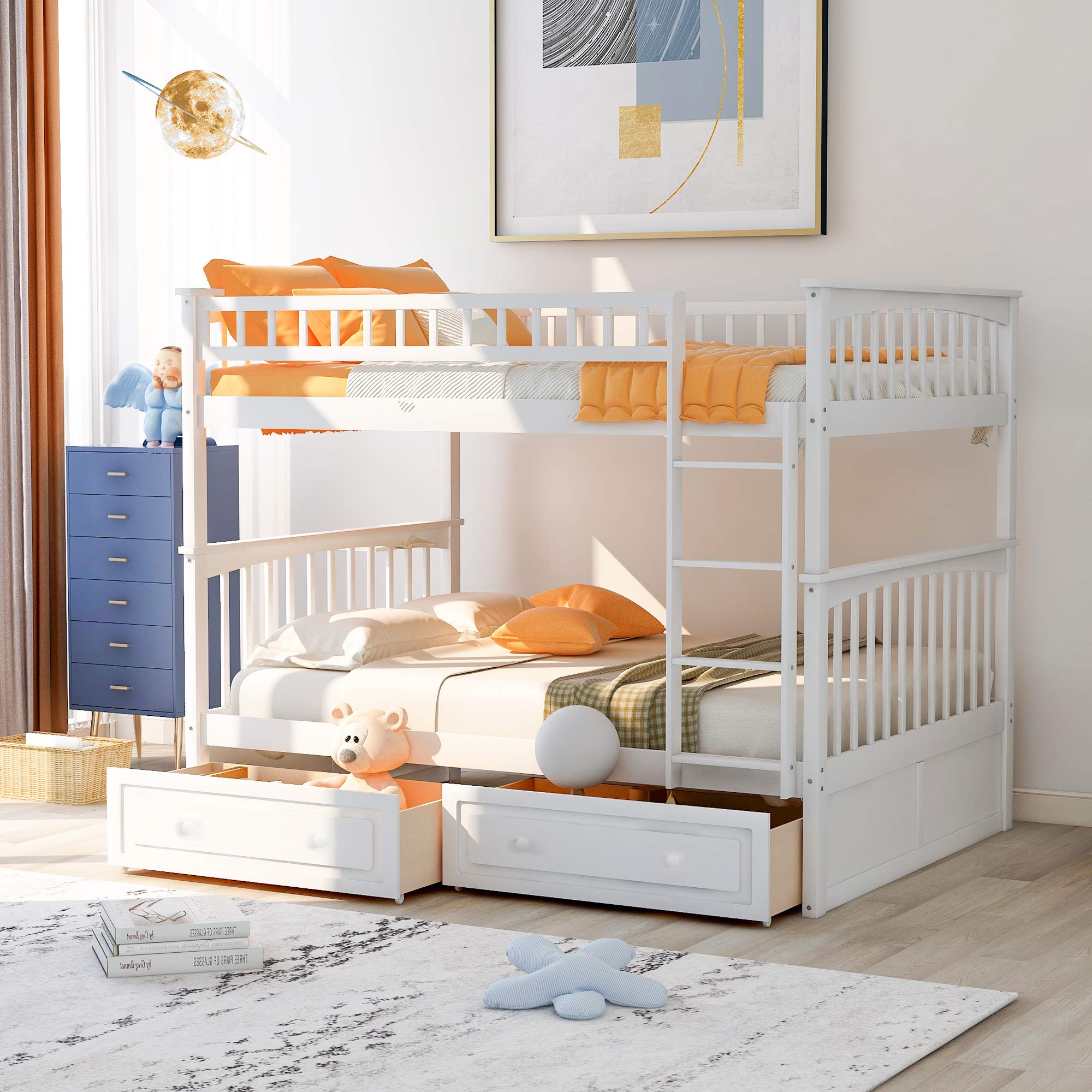 Solid Wood Full Over Full Bunk Bed with Storage Drawers & Ladder - Convertible to Twin Daybeds for Kids & Guest Rooms