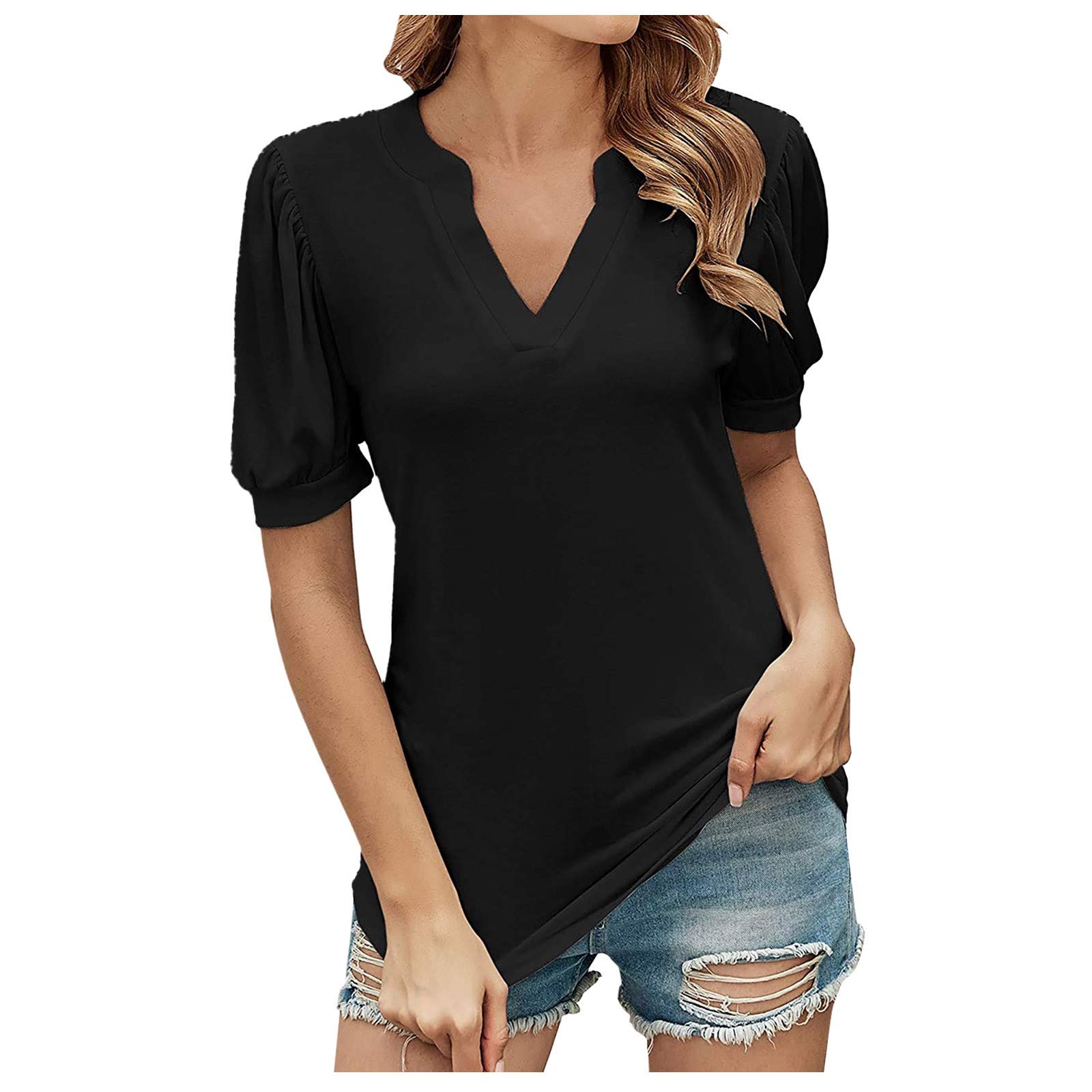 Women's Casual V-Neck T-Shirt - Loose Fit Puff Short Sleeve Tunic Blouse for Summer | Comfortable Everyday Wear, Beach Outings & Weekend Outfits
