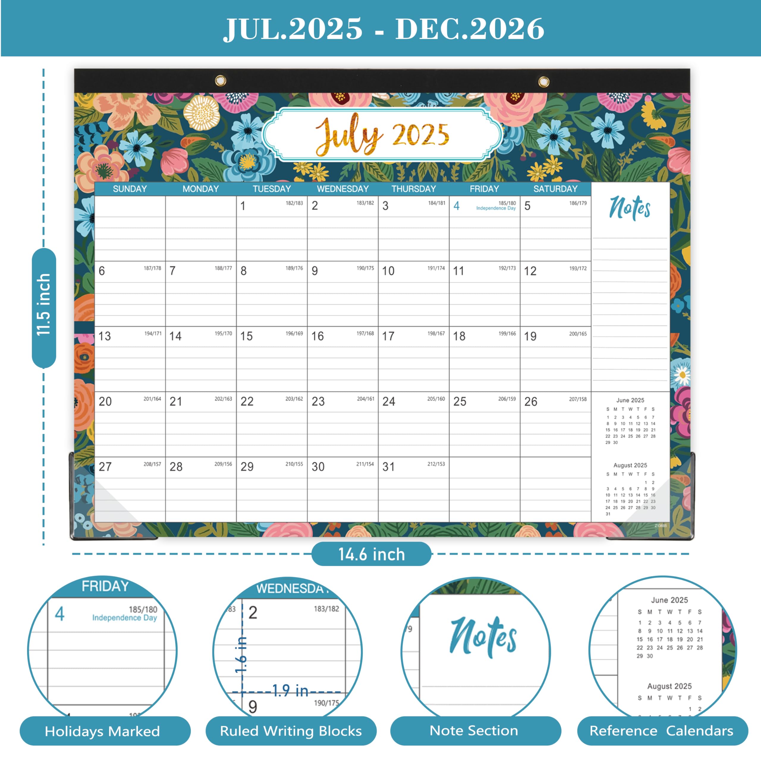 2025-2026 18-Month Desk Calendar Planner (July 2025 - December 2026) with Corner Protectors & Large Ruled Blocks - 14.5