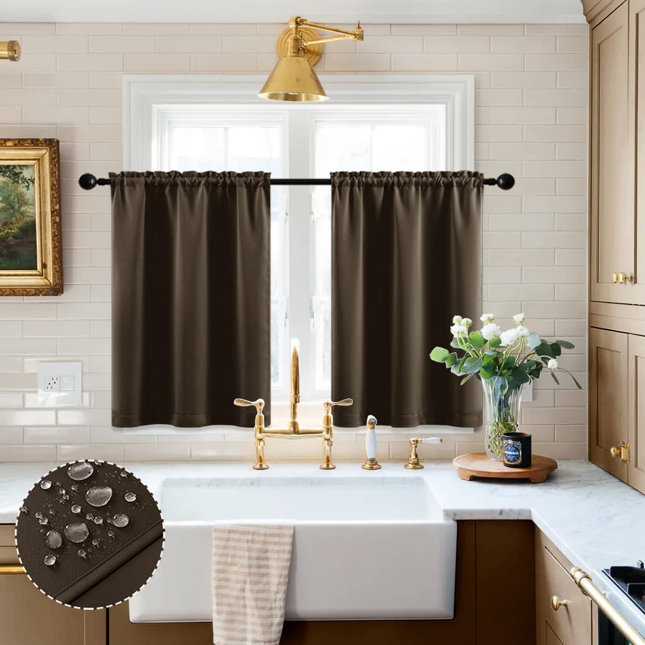 Dark Chocolate Brown Blackout Curtains for Kitchen & Bathroom - 24 Inch Long Waterproof Window Panels with Rod Pocket, Perfect for Bedroom, Cafe & Front Door Shades | Small Western Style Window Coverings for Privacy & Light Control
