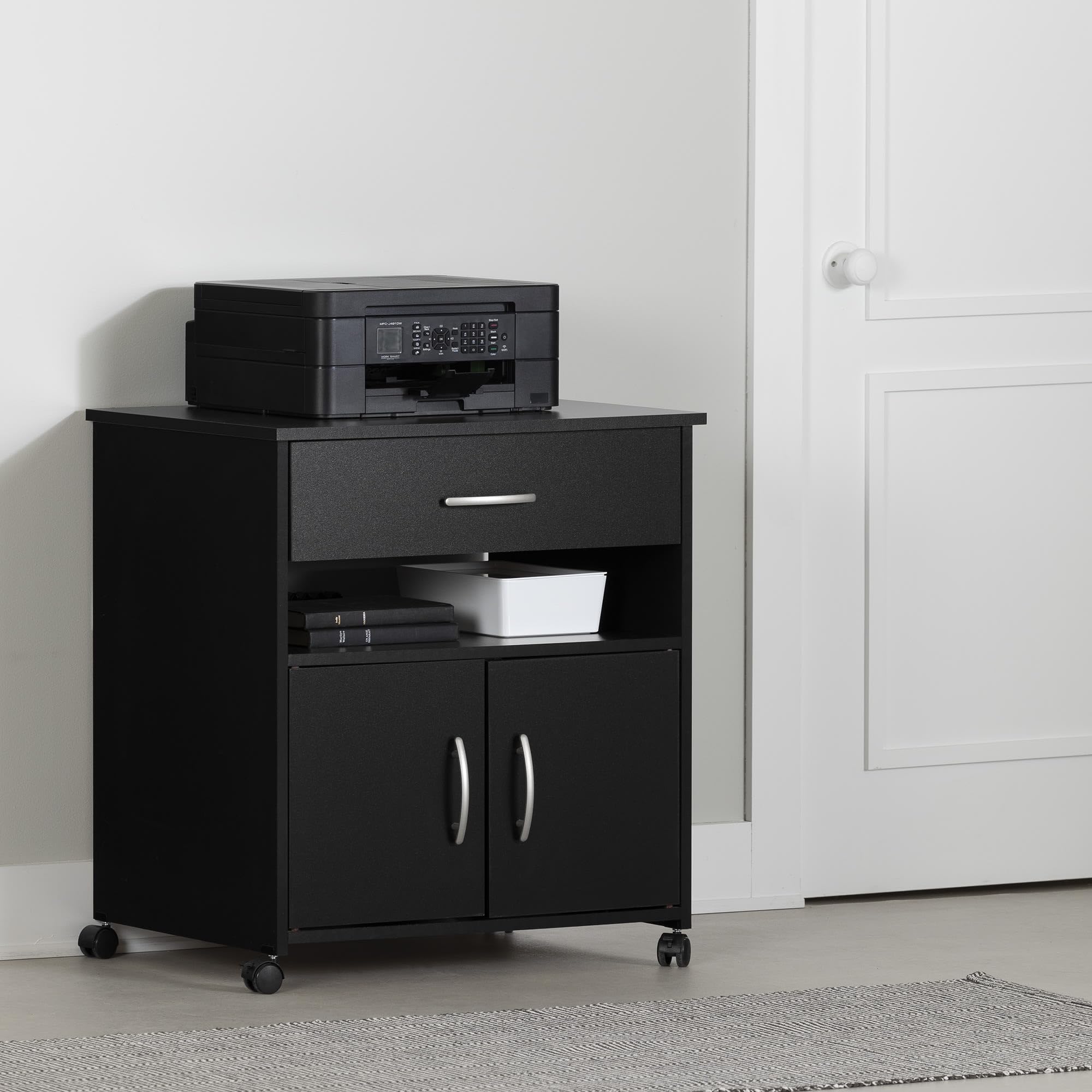South Shore 2-Door Mobile Printer Stand with Storage - Pure Black, 19.75