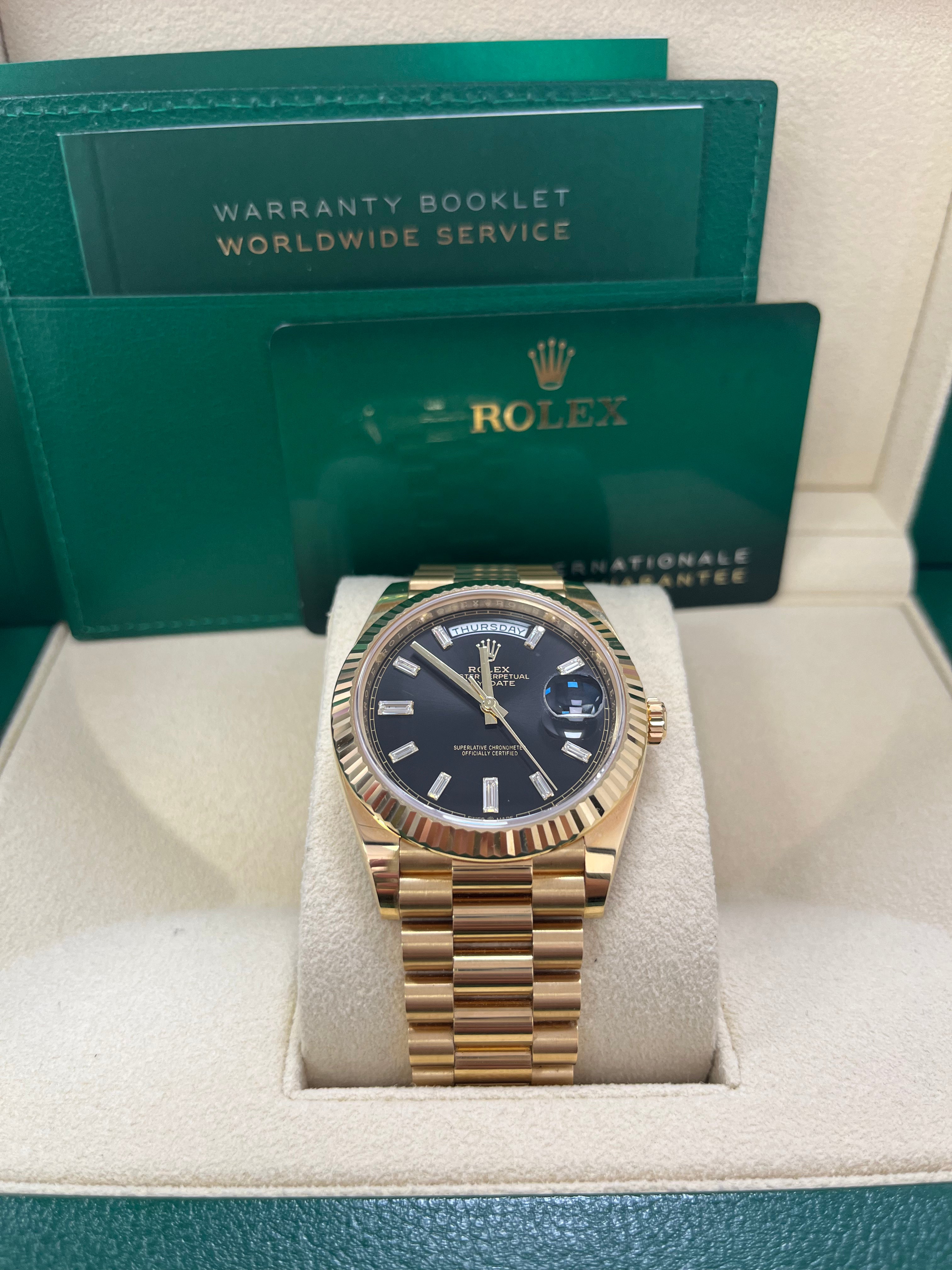 Rolex Day Date 40 18k Yellow Gold Watch with Baguette Diamond Dial & Fluted Bezel (Ref# 228238) - Luxury Timepiece for Business Meetings, Formal Events & Special Occasions