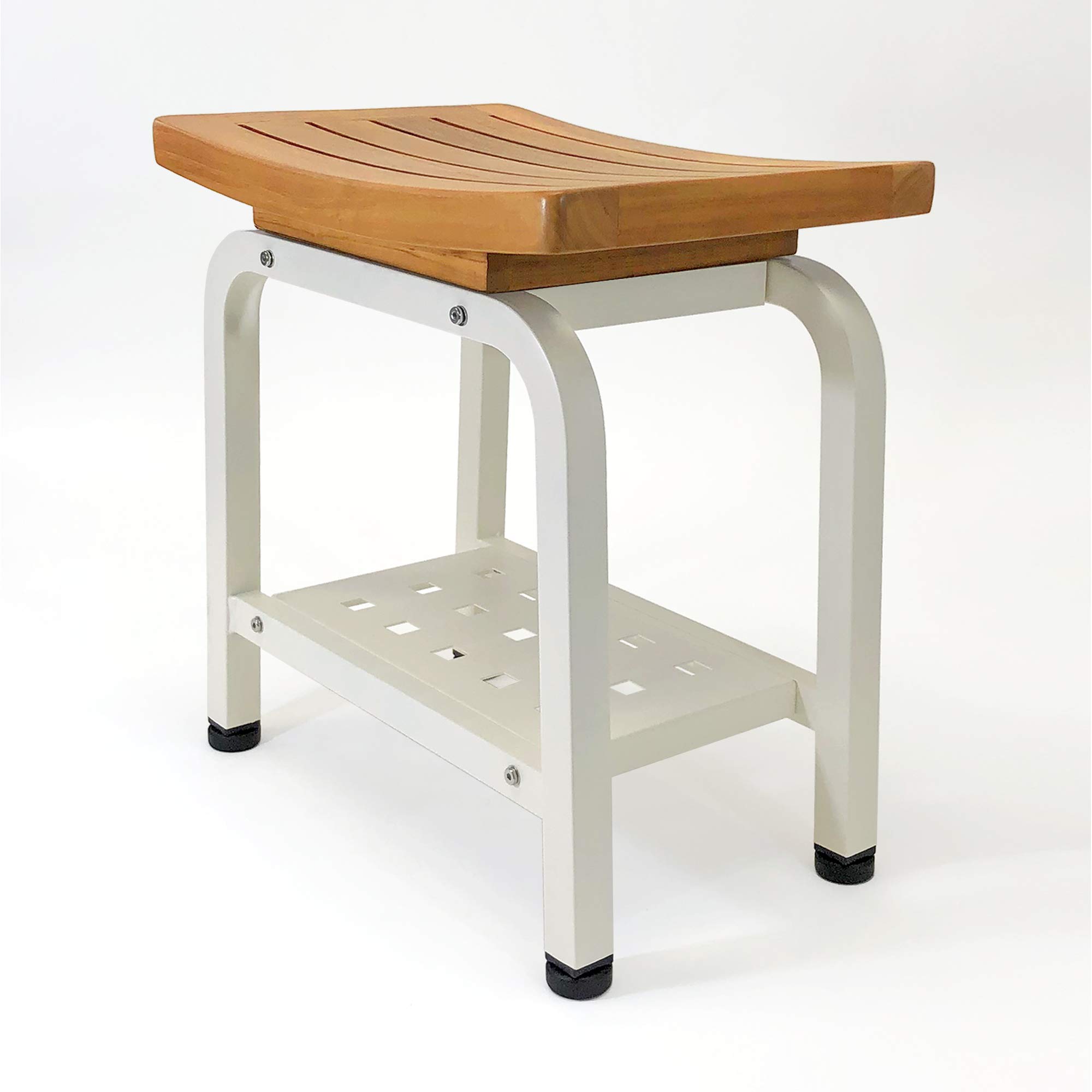 Bali Teak & Aluminum Indoor Outdoor Shower Bench with Storage Shelf - Adjustable TPR Feet Spa Bath Patio Stool Chair - Anthology Spa Collection B103/BGE Light Beige - Perfect for Bathroom, Poolside, Sauna and Garden Relaxation