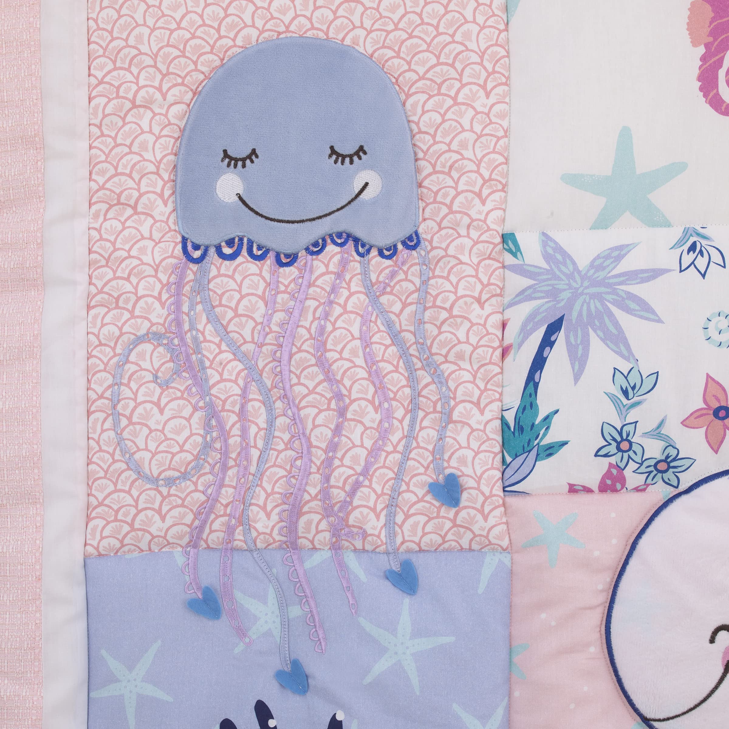 NoJo Mermaid Lagoon 4-Piece Nursery Crib Bedding Set - Pink Blue White Ocean Theme Baby Crib Set with Comforter, Fitted Sheet, Skirt & Storage Caddy | Perfect for Girls' Underwater Themed Nursery Decor & Baby Shower Gifts