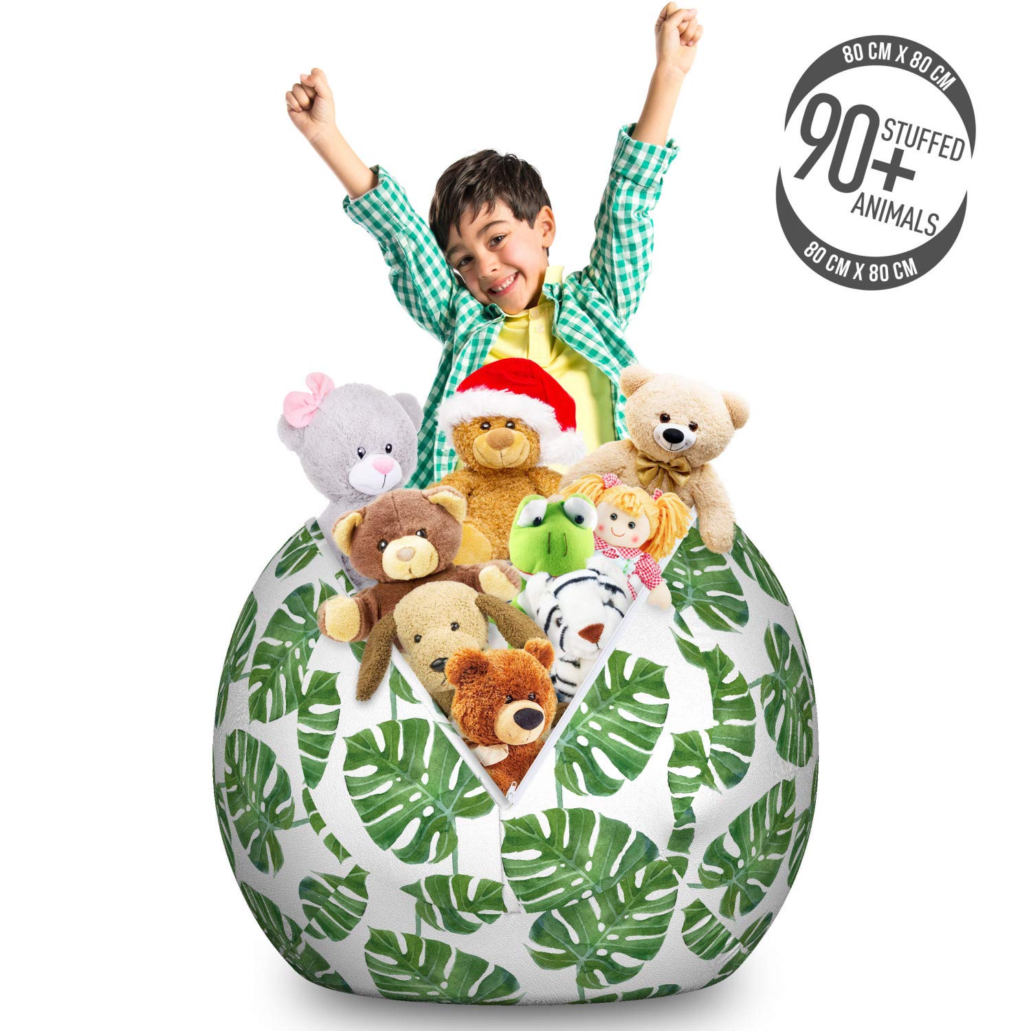 Ambesonne Jungle Leaves Storage Toy Bag Chair - Large Washable Peacock Green Stuffed Animal Organizer with Monstera Leaf Design | Perfect for Kids' Room, Nursery Storage & Pet Toy Organization