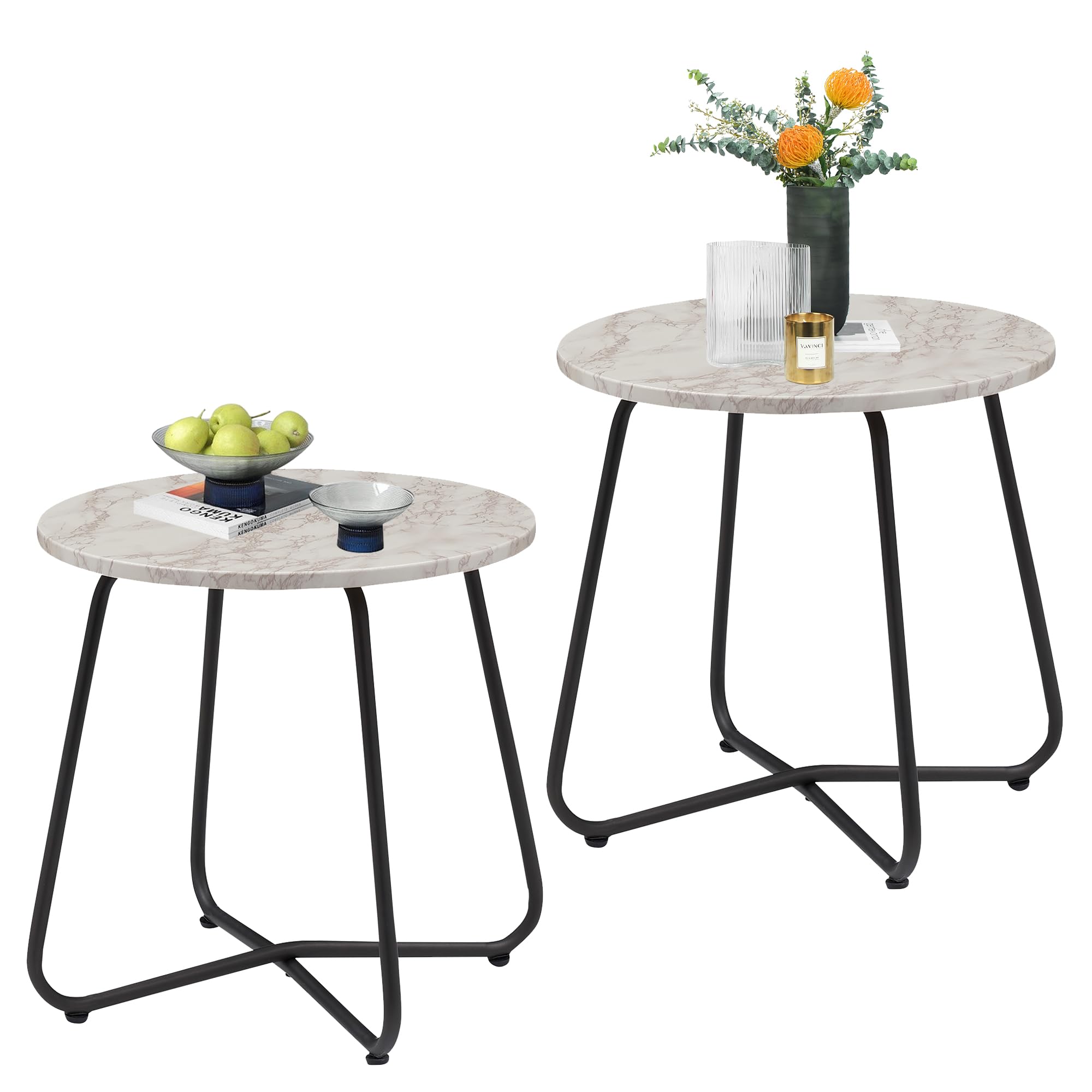 VECELO Outdoor Side Table Set of 2 - Small Round Metal Snack Table for Patio, Garden, Balcony, Yard & Living Room - Rust-Resistant Black & White Design - Perfect for Drinks, Snacks & Decor
