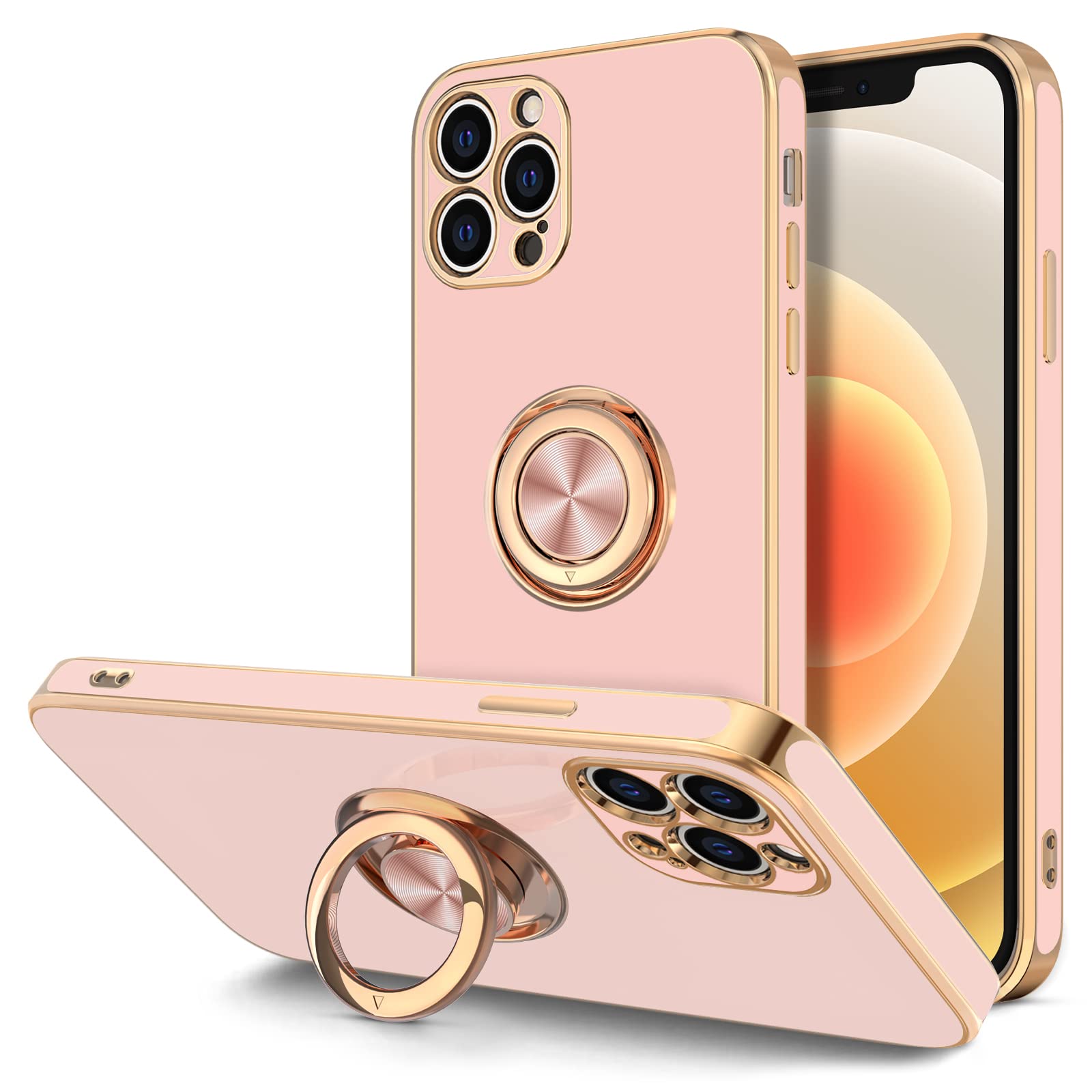 Hython Magnetic Ring Stand Case for iPhone 12 Pro Max - 360° Rotatable Kickstand, Shockproof Protection with Soft Microfiber Lining & Rose Gold Edge - Perfect for Hands-Free Viewing, Workouts, and Travel (Pink)