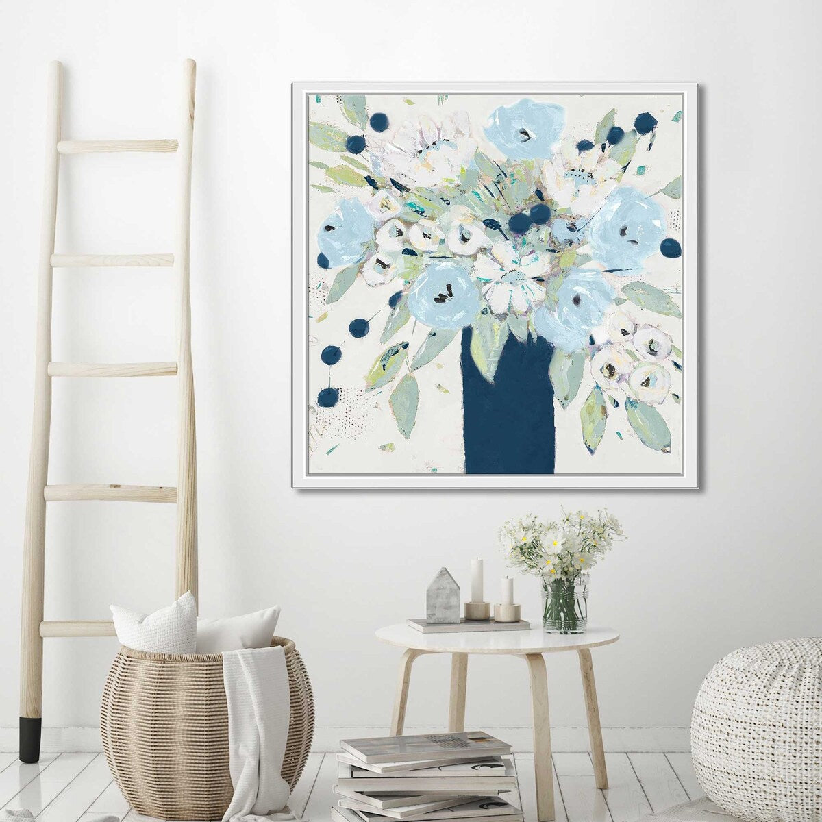 Blue Bouquet Vase Floating Canvas Wall Art - Modern Home Decor for Living Room, Bedroom & Office