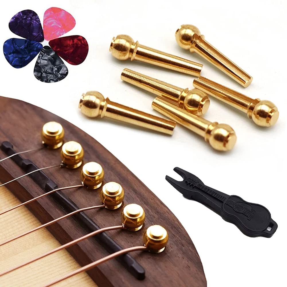 Alnicov 6-Piece Brass Guitar Bridge Pins & Endpin Set with Bridge Pin Puller - Includes 5 Guitar Picks for Acoustic 6-String Guitars - Perfect for Guitar Maintenance, Repair, and String Replacement