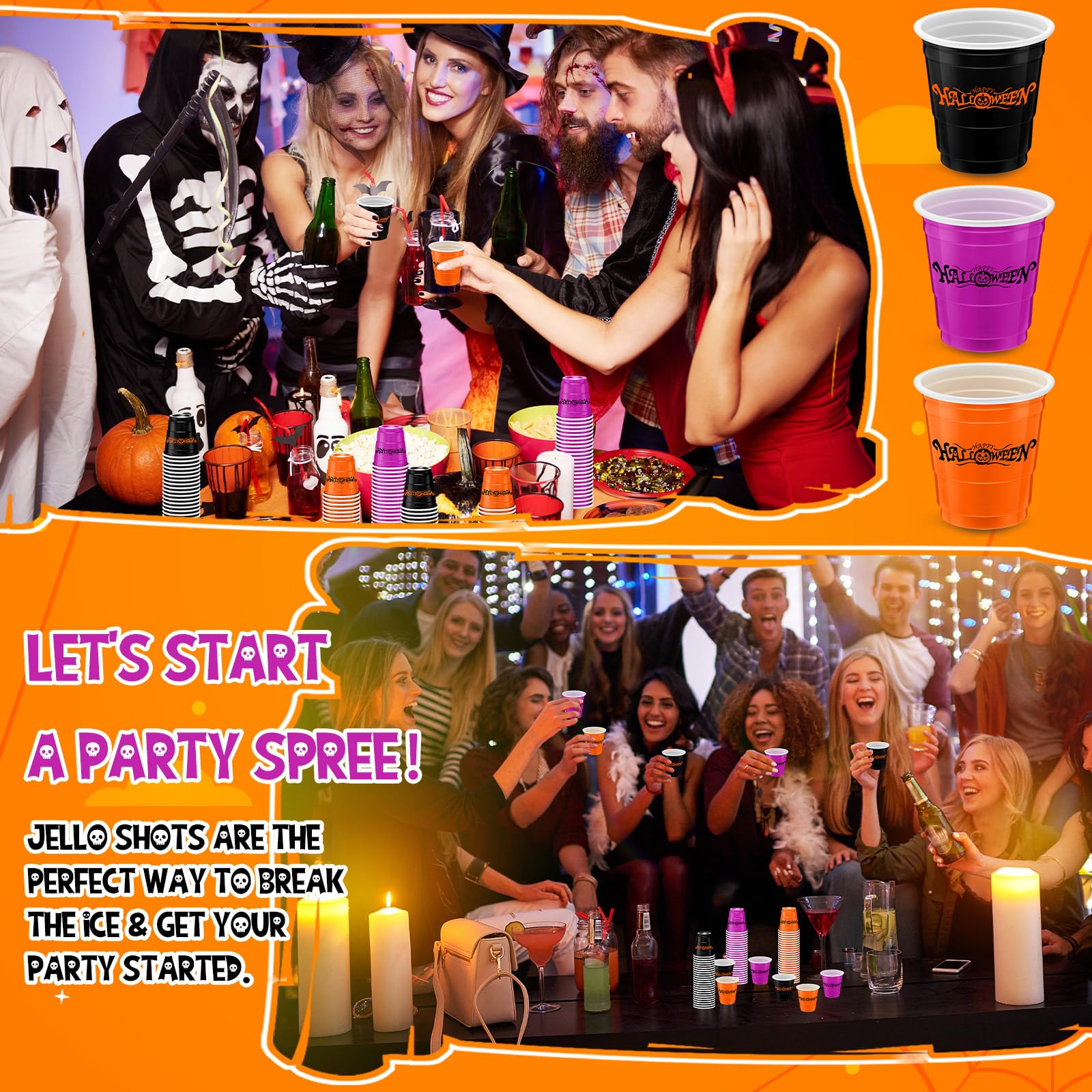 100-Pack Halloween Plastic Cups 2 oz - Disposable Mini Party Cups for Bachelorette, Birthday, Tasting & Serving - Black, Orange, Purple - Perfect for Halloween Parties, Baby Showers & Cocktail Sampling