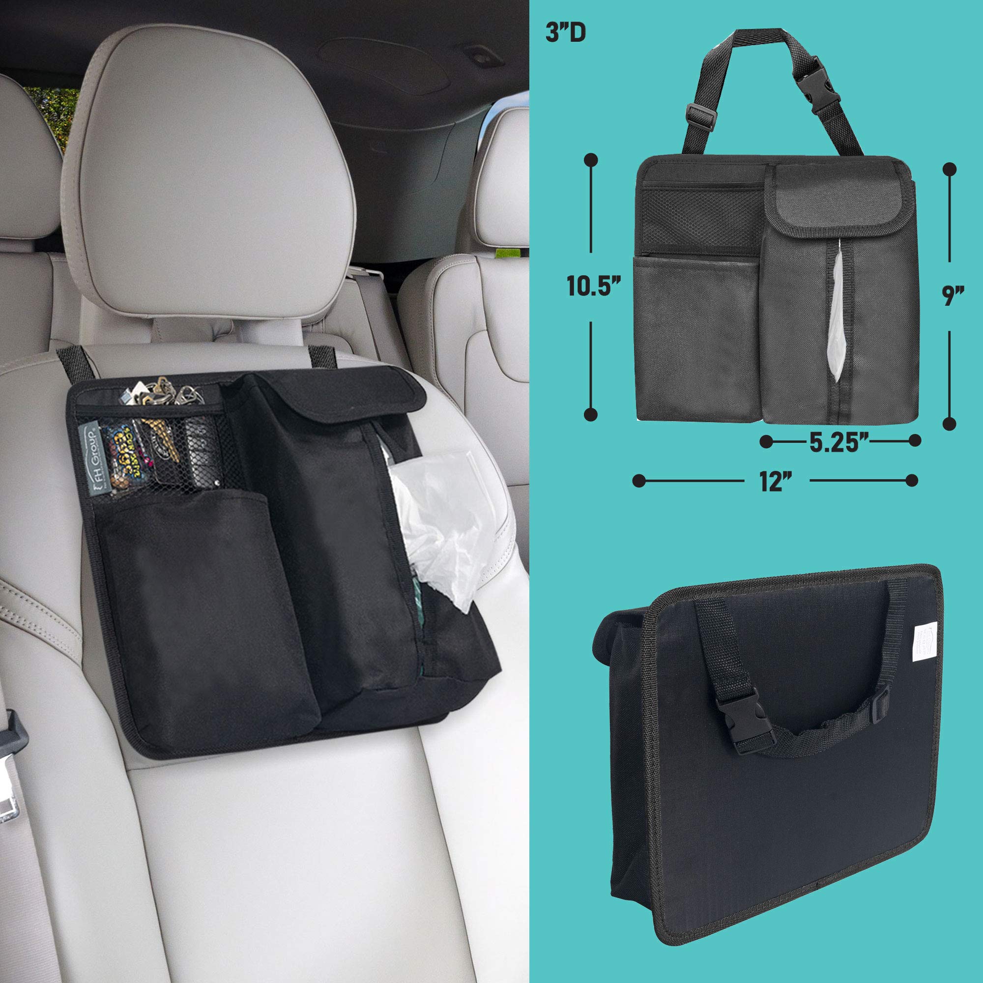 FH Group Black Hanging Car Organizer with Tissue Holder - Back Seat Storage for Toys, Baby Wipes & Snacks - Perfect for Road Trips, Family Travel & Kids Activities